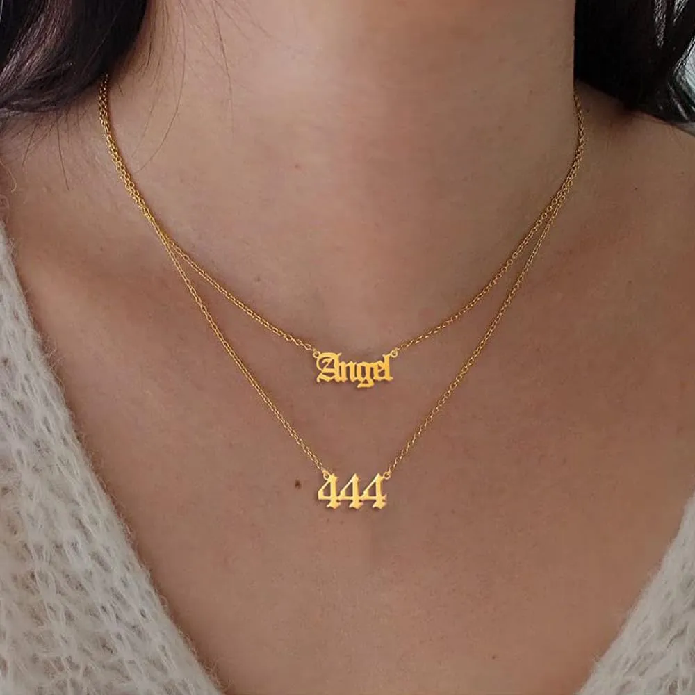 OAKKY Hip Hop Delicato Moda Set di 2 Pezzi Numero Angelo Ciondolo Collana per Donna Acciaio Inox Catena Girocollo Gioielli Numerologici Oro 444 - immagine 3