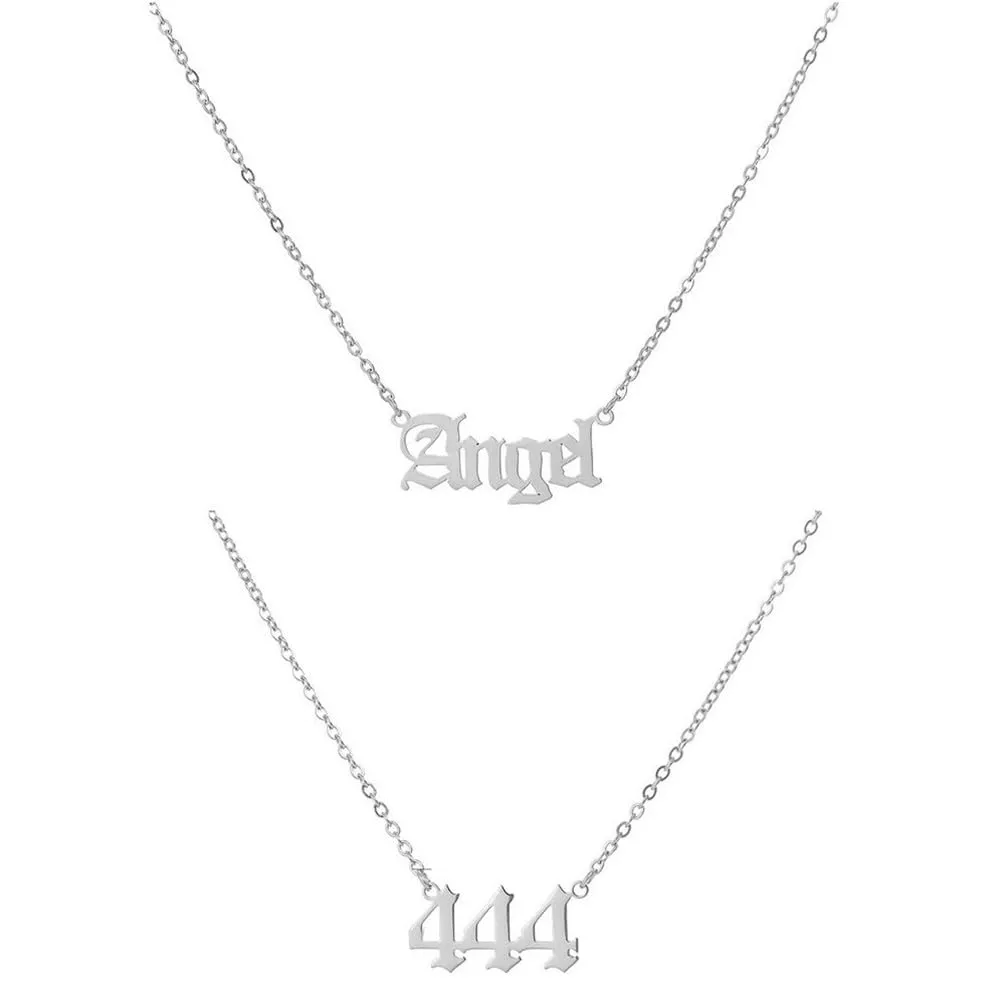 OAKKY Hip Hop Delicato Moda Set di 2 Pezzi Numero Angelo Ciondolo Collana per Donna Acciaio Inox Catena Girocollo Gioielli Numerologici Argento 444 - immagine 1