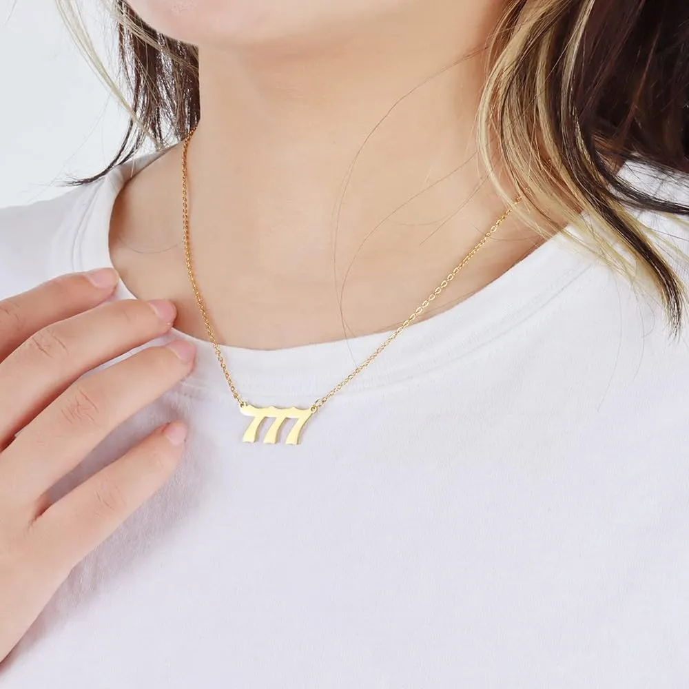OAKKY Hip Hop Delicato Moda Set di 2 Pezzi Numero Angelo Ciondolo Collana per Donna Acciaio Inox Catena Girocollo Gioielli Numerologici Oro 777 - immagine 3