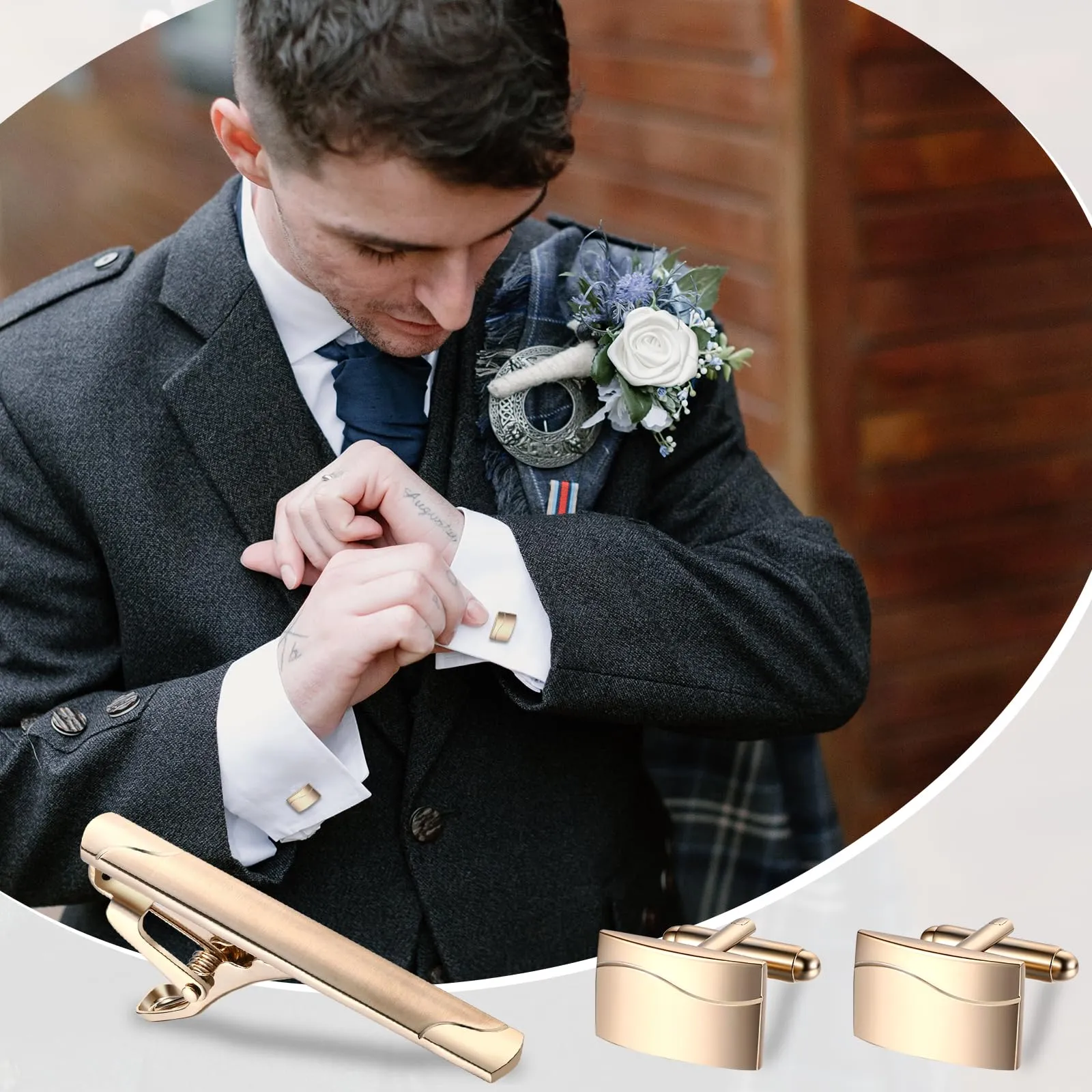 JewelryWe Set di Gemelli e Fermacravatta da Uomo: in Acciaio Inossidabile Idee Regalo per Uomo Per Affari - immagine 3