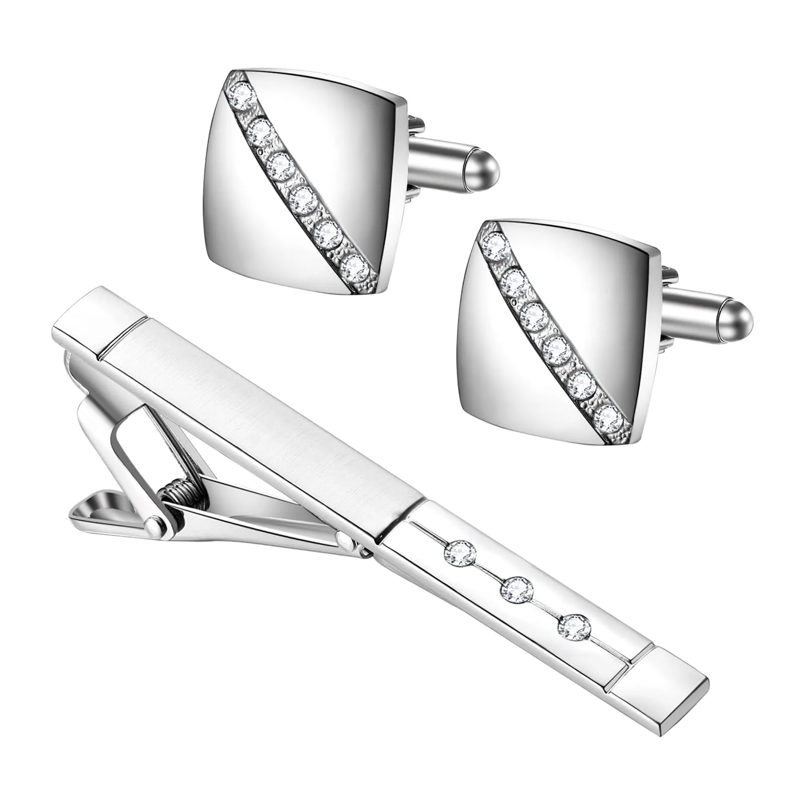JewelryWe Set di Gemelli e Fermacravatta da Uomo: con Zircone in Acciaio Inossidabile Idee Regalo per Uomo Per Affari - immagine 1