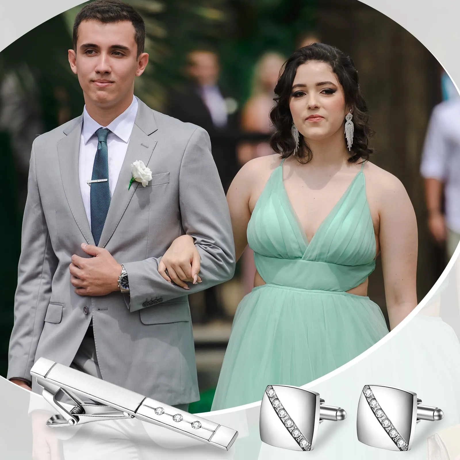JewelryWe Set di Gemelli e Fermacravatta da Uomo: con Zircone in Acciaio Inossidabile Idee Regalo per Uomo Per Affari - immagine 3