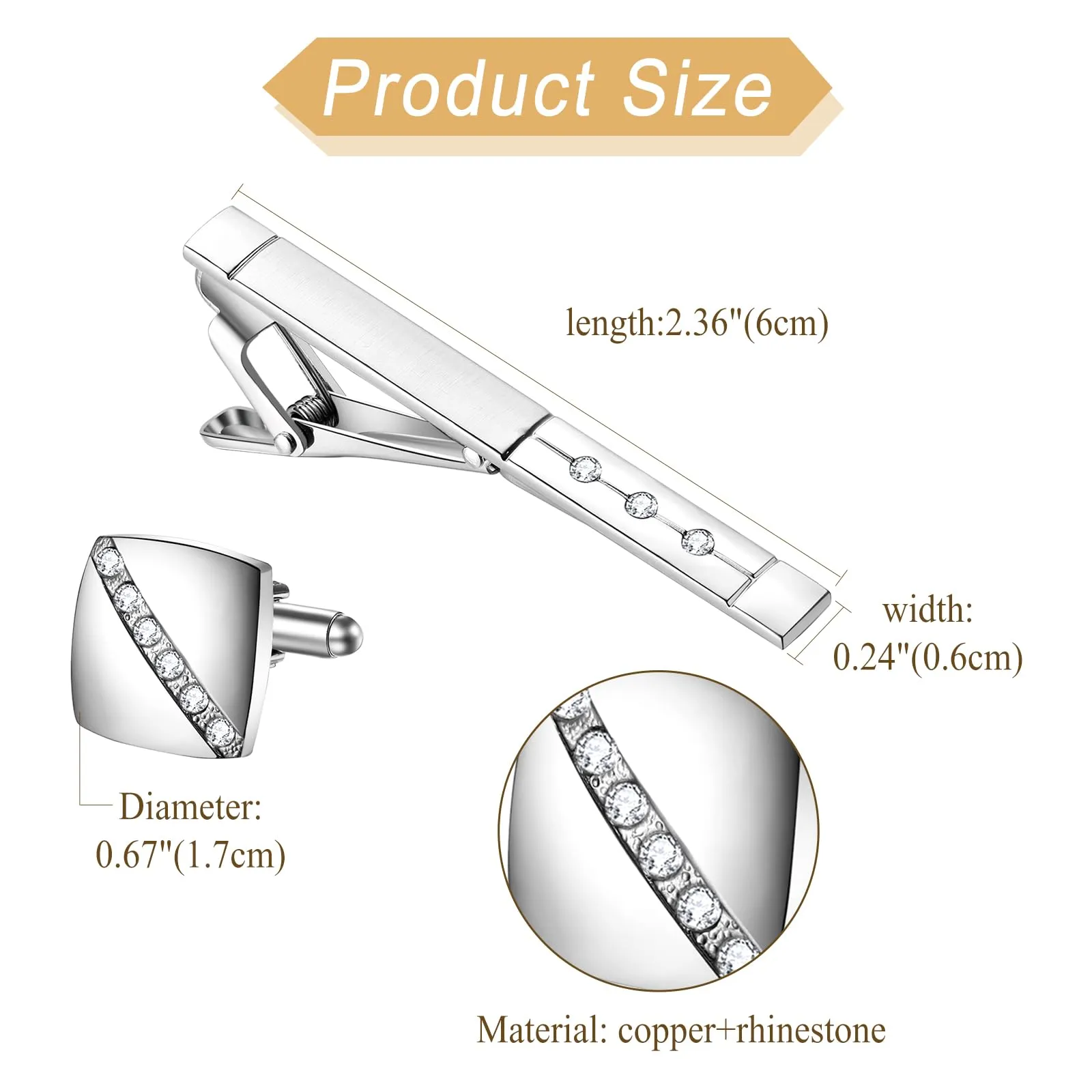 JewelryWe Set di Gemelli e Fermacravatta da Uomo: con Zircone in Acciaio Inossidabile Idee Regalo per Uomo Per Affari - immagine 4