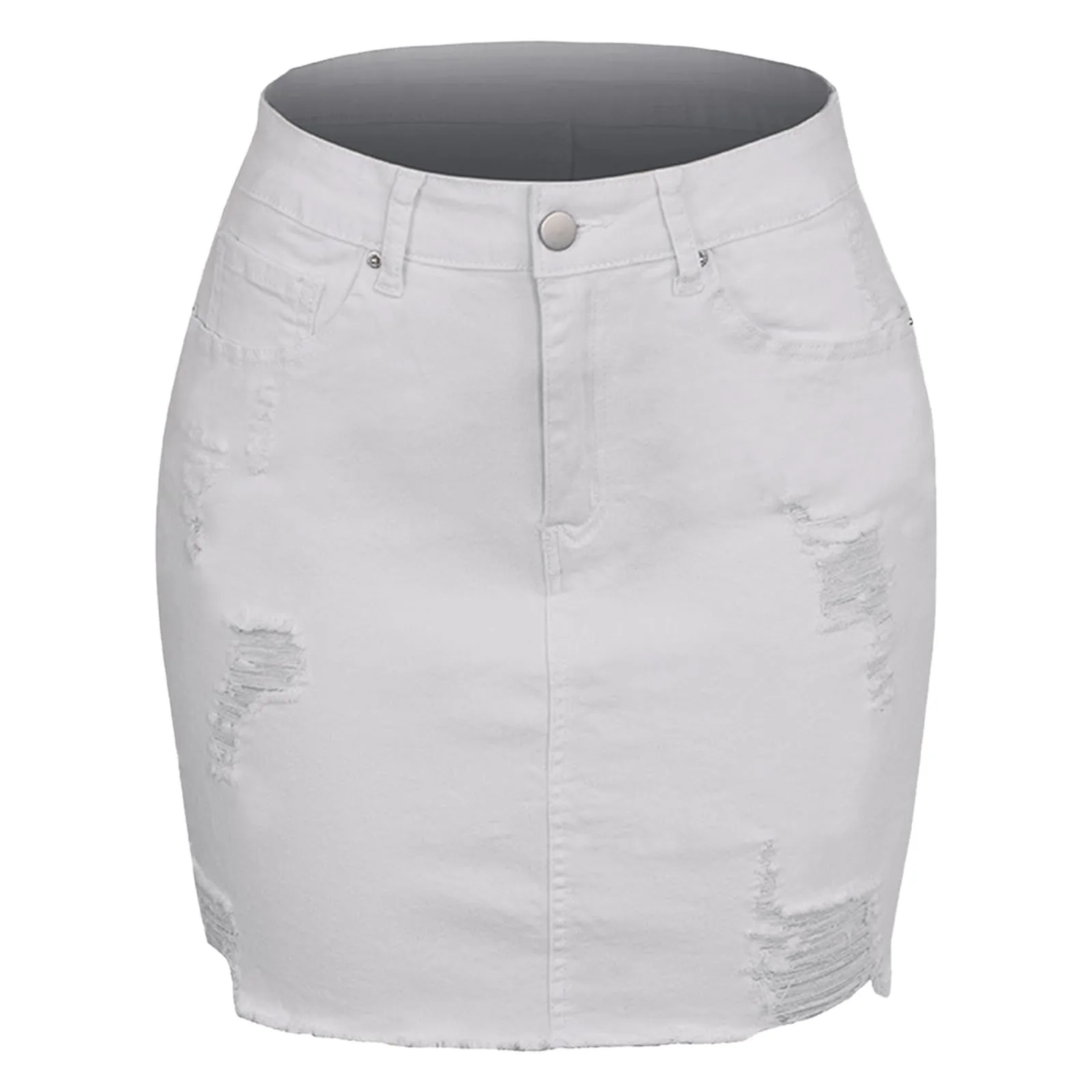 Duohropke Gonna da donna in denim, Y2K, a vita alta, linea ad A, minigonna sfilacciata, vintage, gonna estiva, bianco, XL - immagine 4