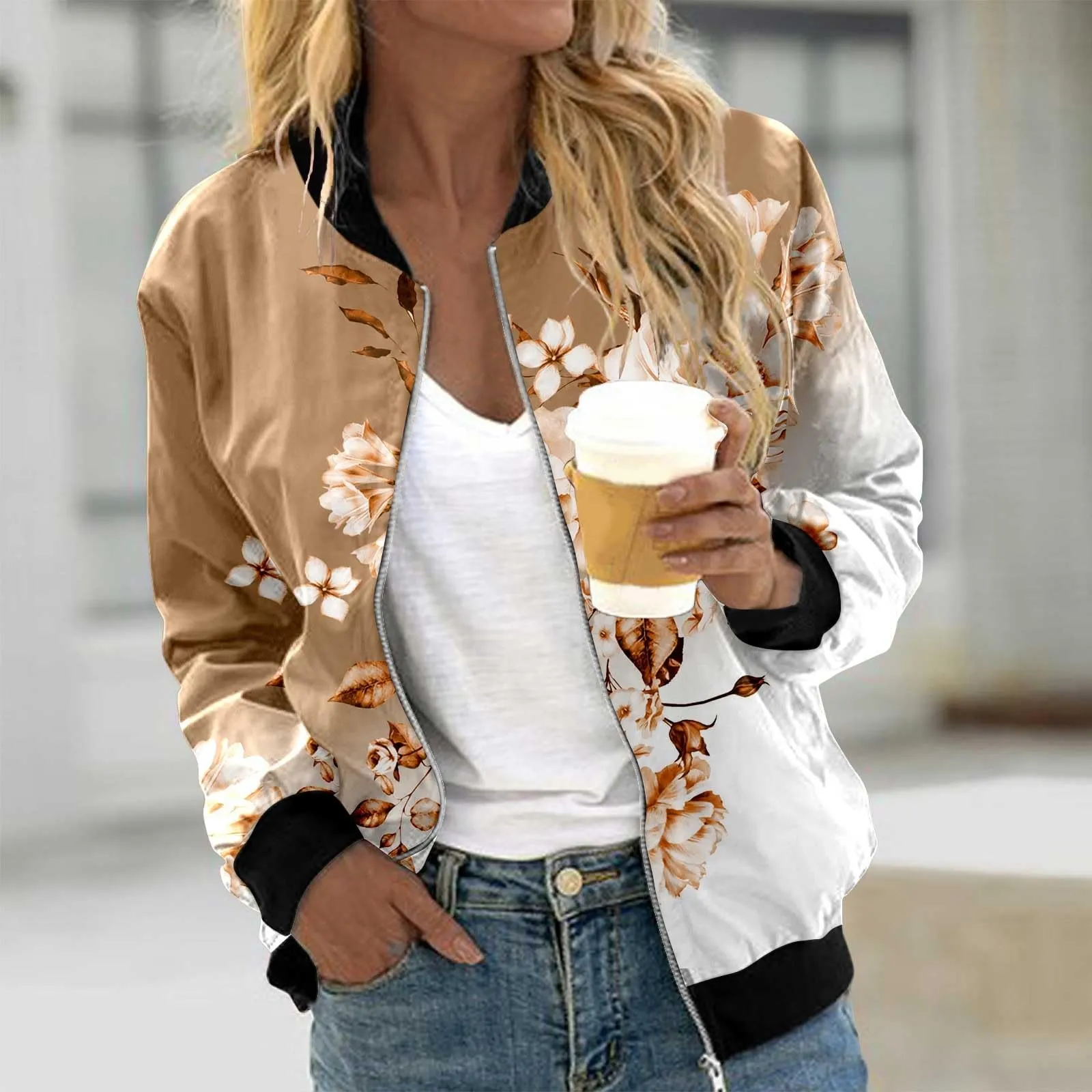 Generico Bomber Donna Primaverile,Giubbino Primavera Donna,Cerniera Lampo Manica Lunga Casual Leggera Stampa Floreale Giacca Corta Giacchetta Leggera Giacca Felpa - immagine 2