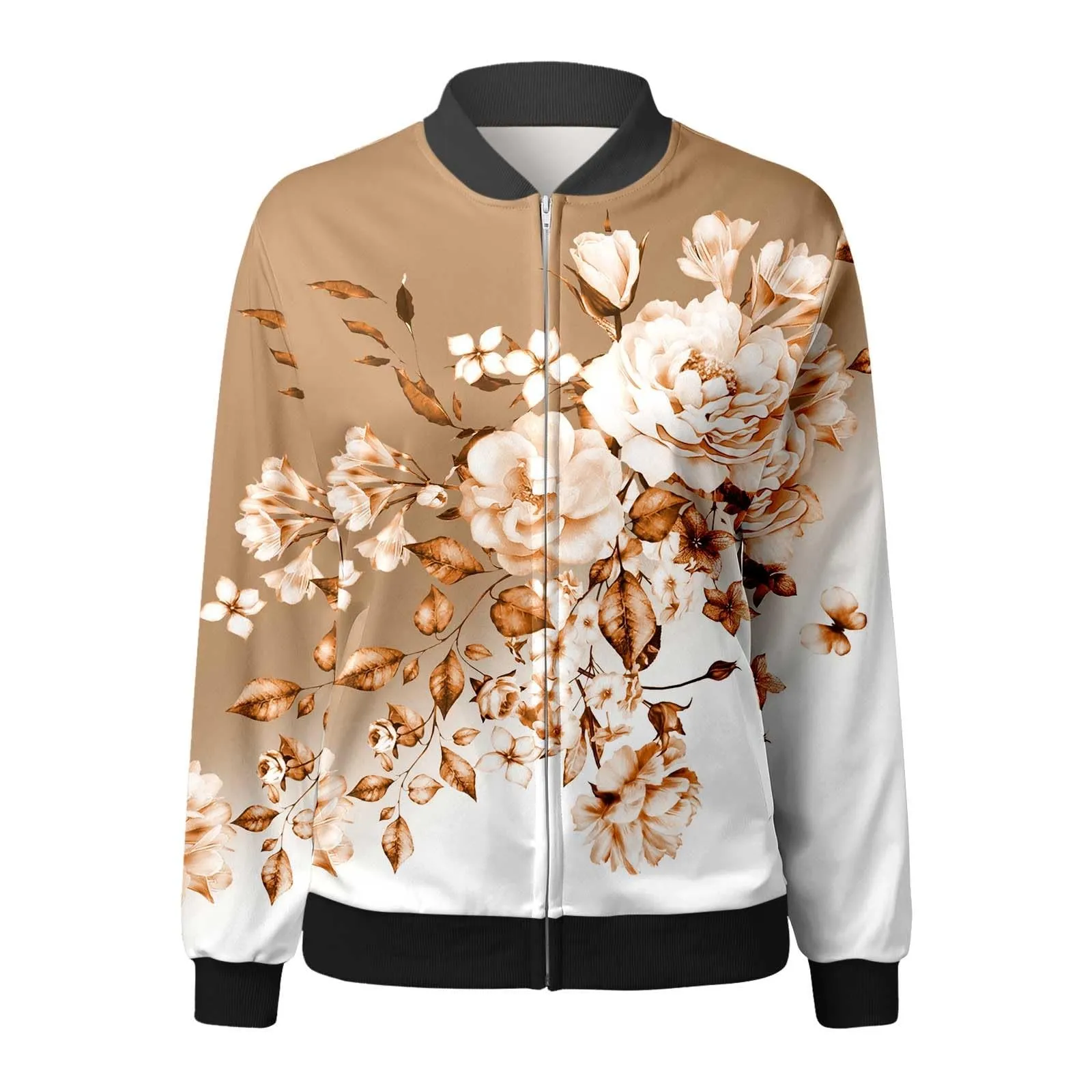 Generico Bomber Donna Primaverile,Giubbino Primavera Donna,Cerniera Lampo Manica Lunga Casual Leggera Stampa Floreale Giacca Corta Giacchetta Leggera Giacca Felpa - immagine 3