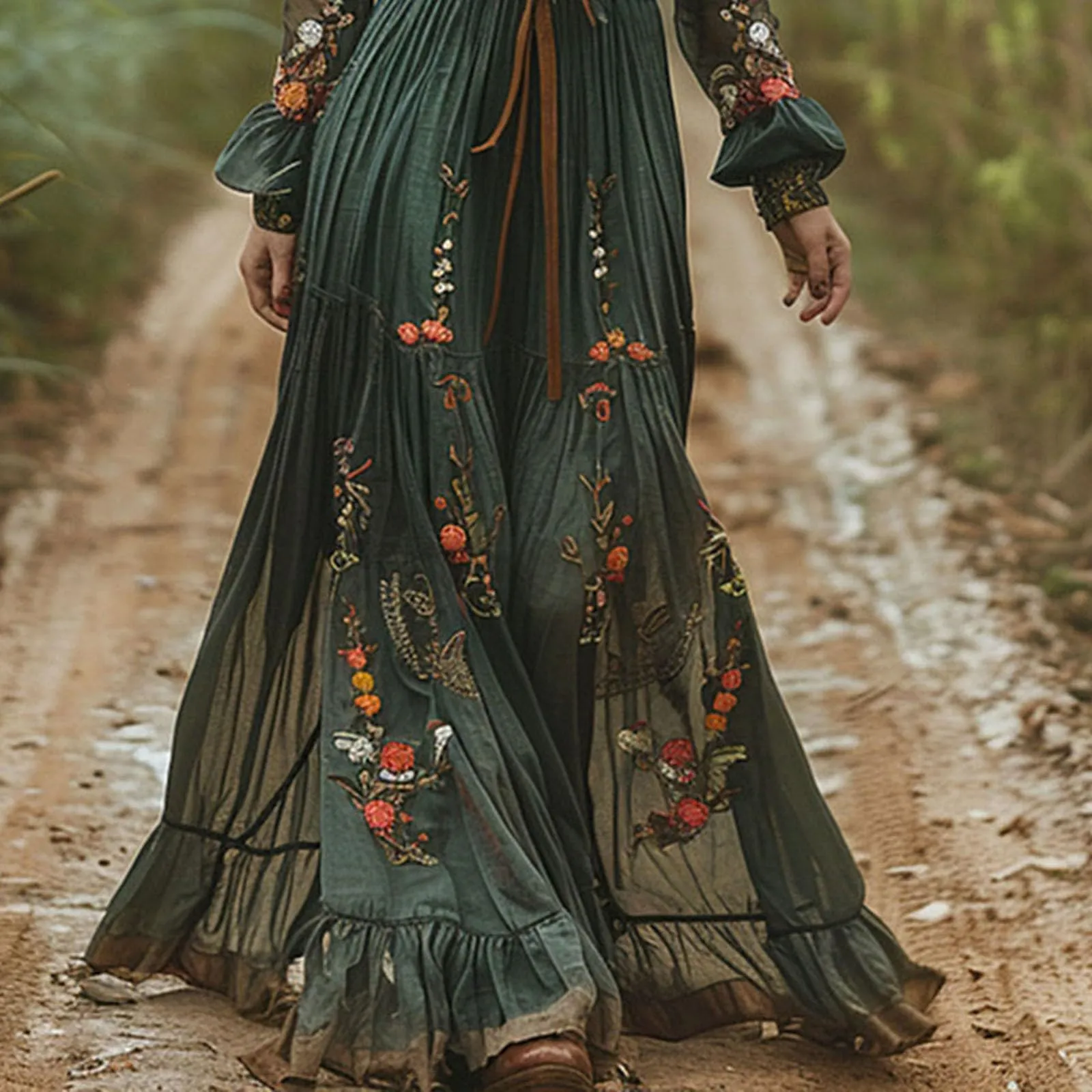 Abito da donna lungo, stile bohémien, vintage, stile rustico, con scollo a V, con motivo floreale, casual, maxi abito primaverile a maniche lunghe, abito floreale occidentale country, abito estivo - immagine 7