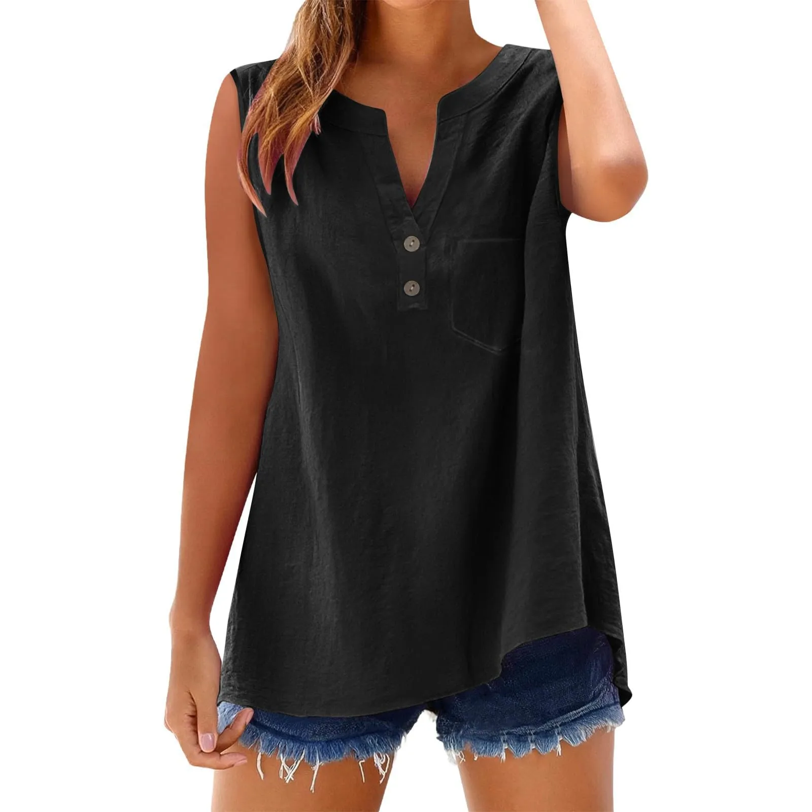 Camicetta estiva in lino per donna - Senza maniche - Elegante - Collo a V - Per il tempo libero - Taglia grande - Per tutti i giorni, nero, XXL - immagine 4
