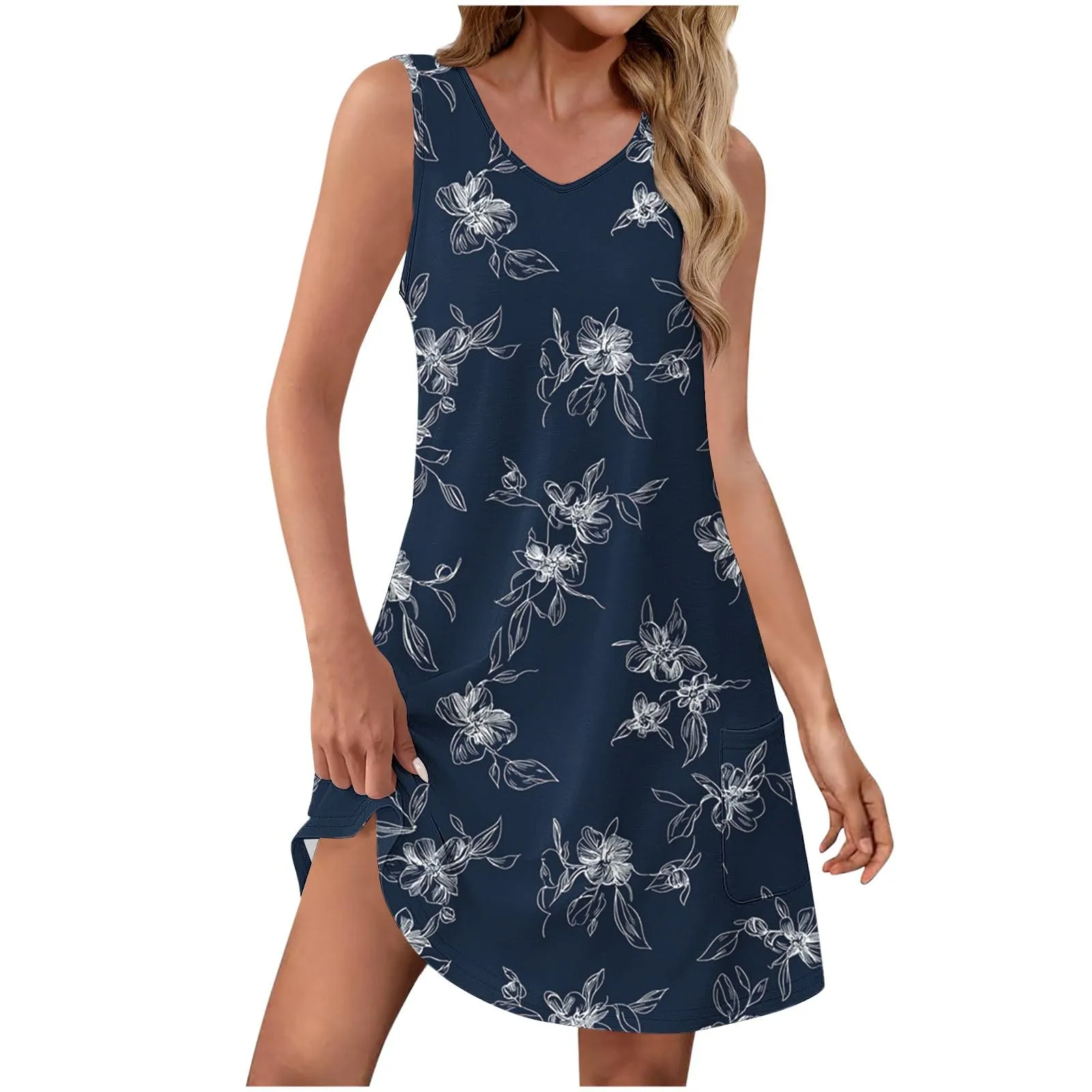 Abito estivo da donna, senza maniche, con scollo a V, con farfalle, motivo floreale, linea ad A, con tasche, sexy, lunghezza al ginocchio, per skater, per il tempo libero, da spiaggia, Blu marino, M - immagine 1