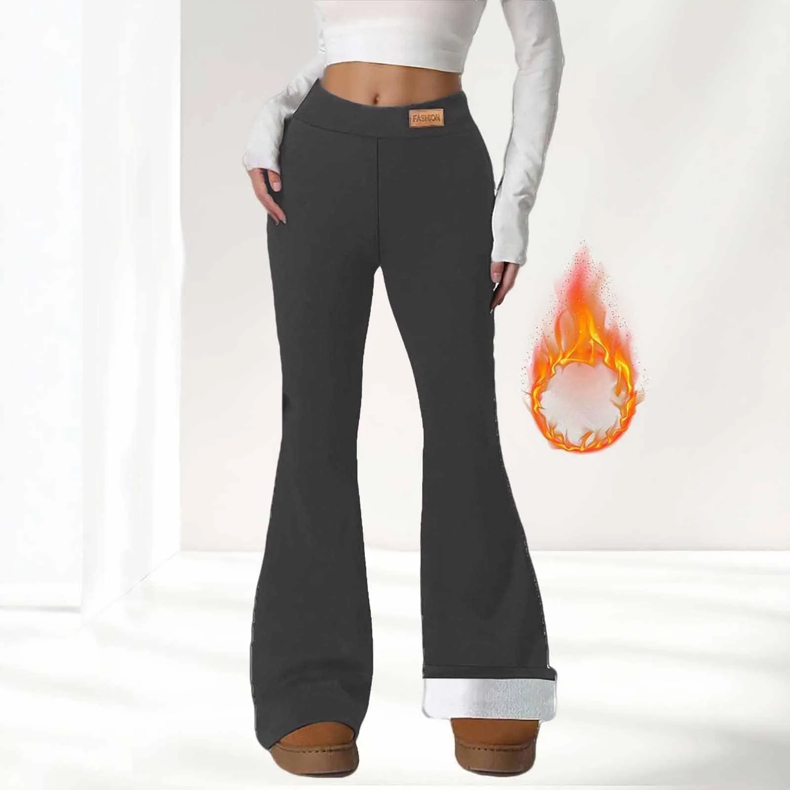 Gefomuofe Pantaloni a zampa da donna, in pile 70, termici, da yoga, caldi, elastici, per il tempo libero, spessi, in tinta unita, pantaloni da jogging comodi, grigio., S - immagine 2
