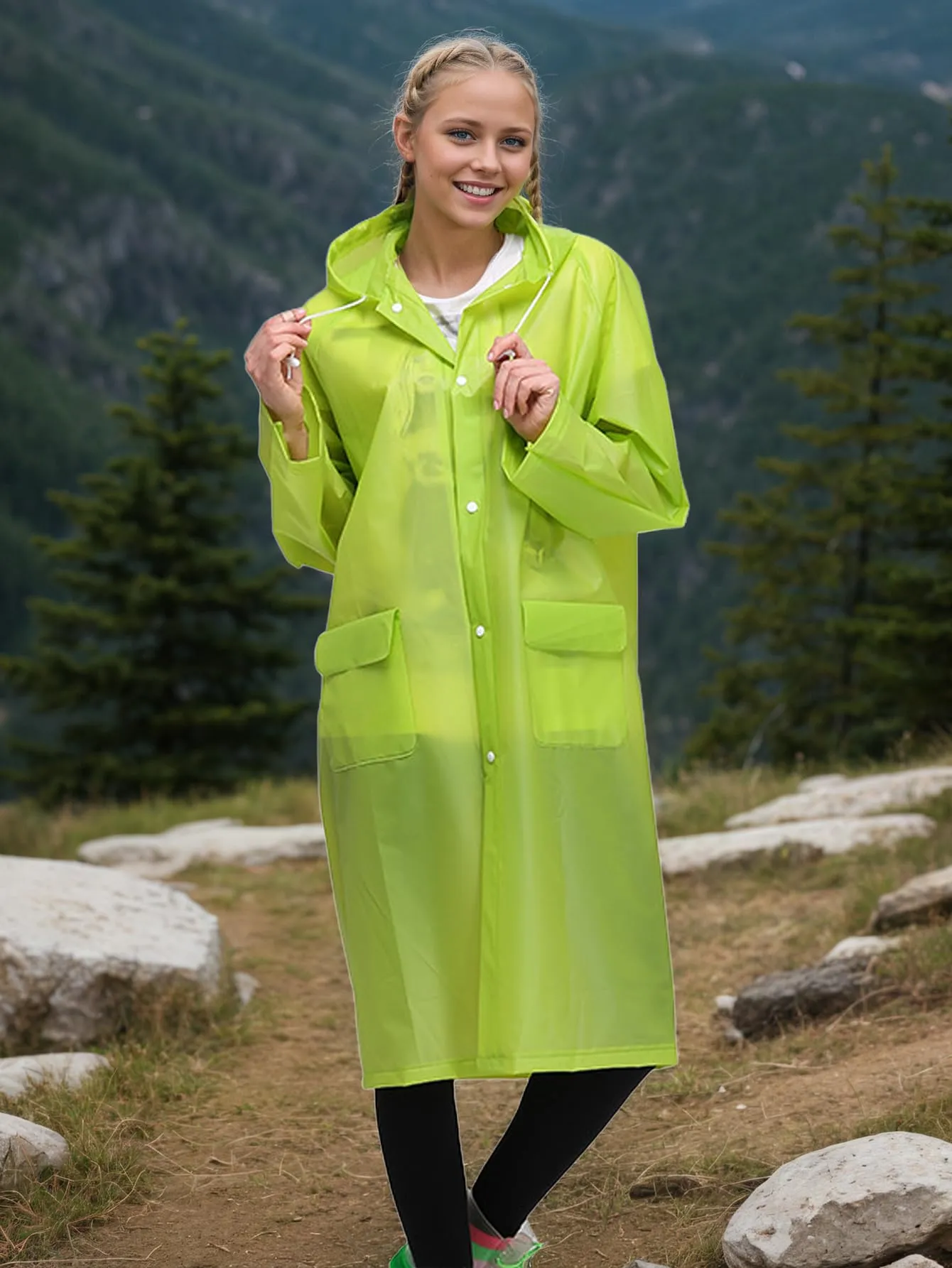 Besshopie, Poncho Impermeabile in etilene vinil Acetato, Riutilizzabile, Unisex, Lungo e Trasparente, Donna, Lyndee, X-Large - immagine 2