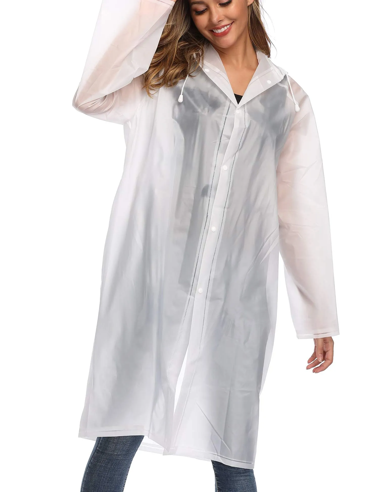 Poncho antipioggia per adulti, impermeabile, riutilizzabile, impermeabile, impermeabile, con cappuccio e maniche, colore: bianco, M - immagine 4