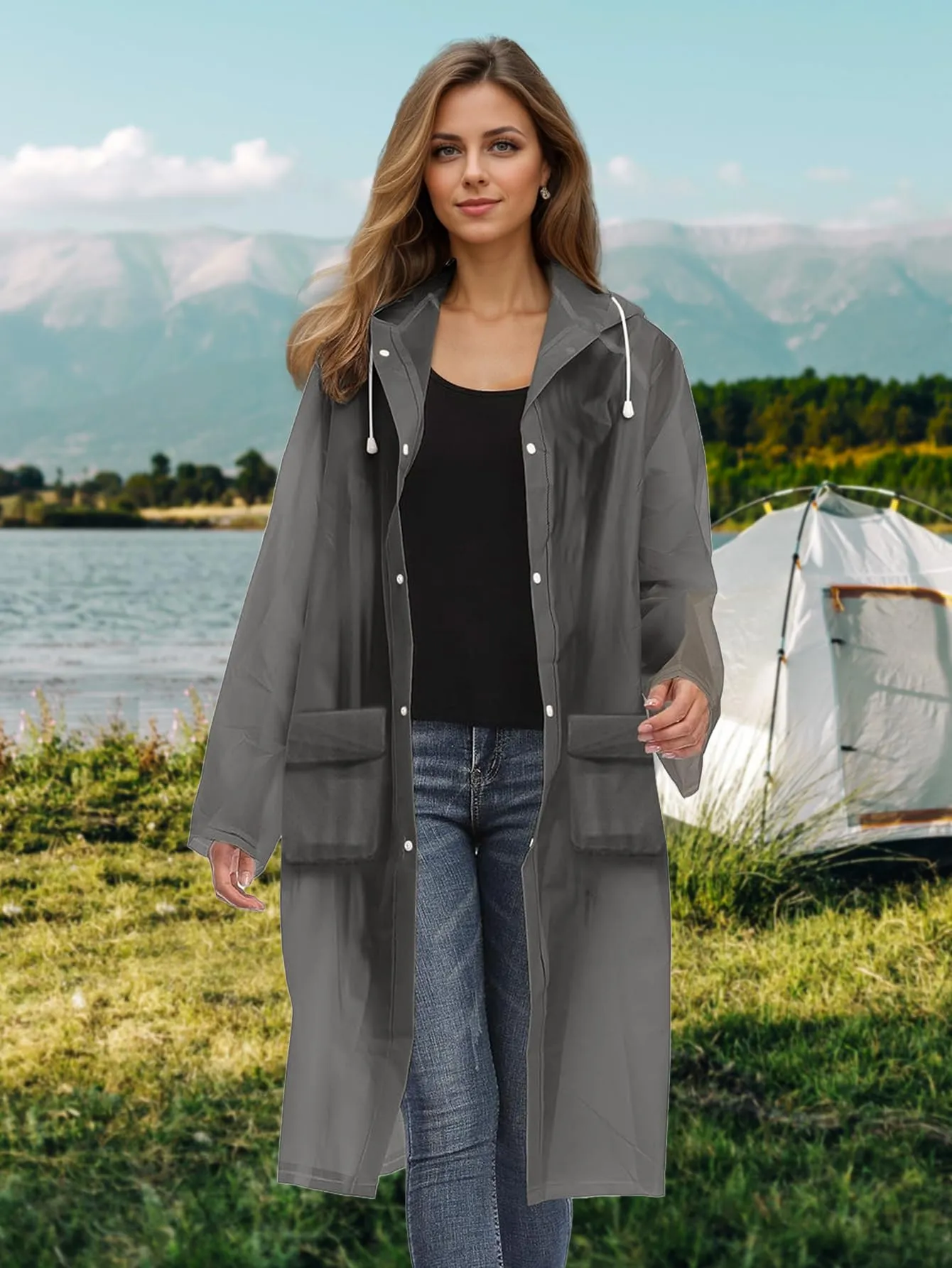 Besshopie EVA impermeabile impermeabile pioggia poncho riutilizzabile unisex uomo donna lungo chiaro pioggia usura, nero, Large - immagine 2