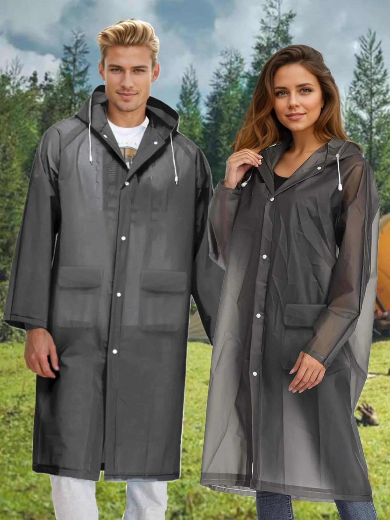 Besshopie, poncho impermeabile in etilene vinil acetato, riutilizzabile, unisex, lungo e trasparente, Donna, Nero grigio, X-Large - immagine 3