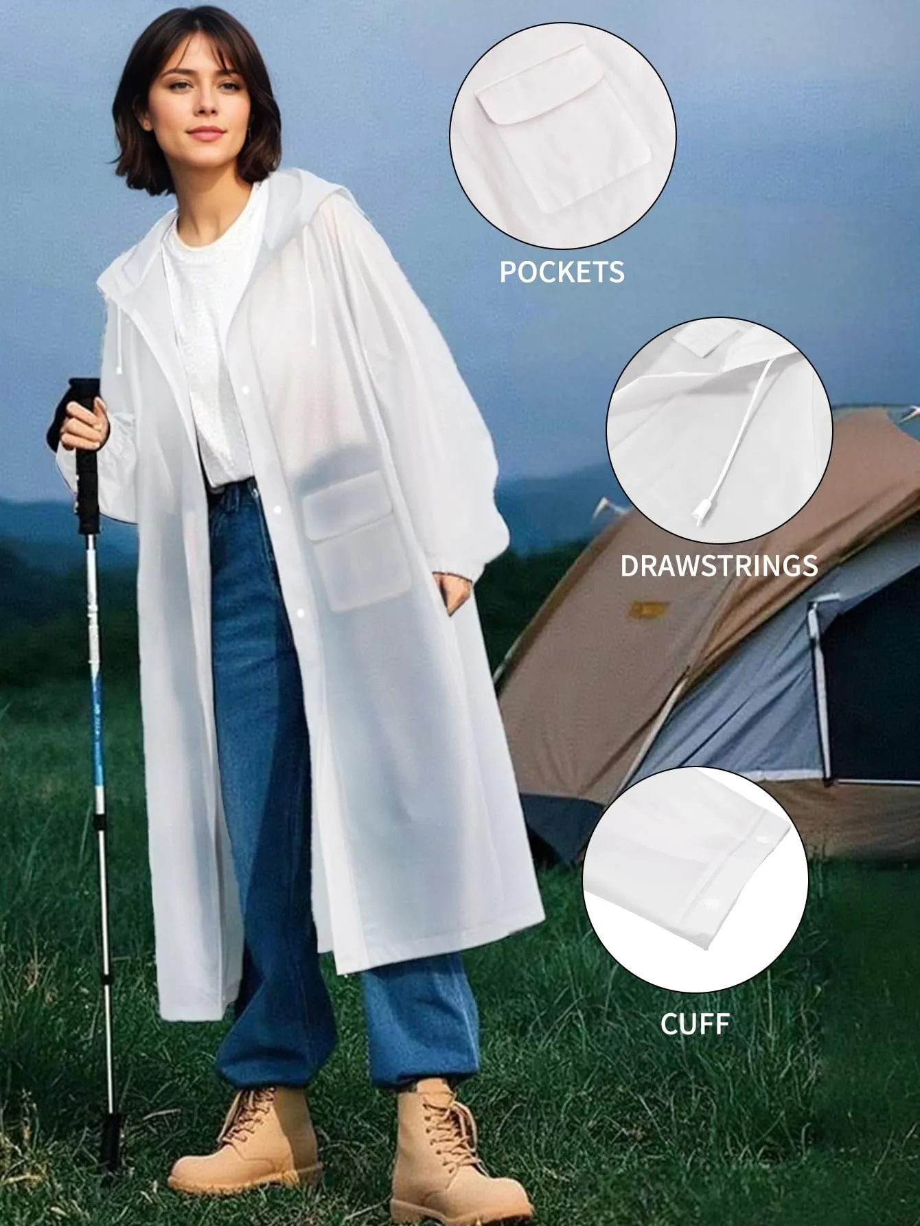 Besshopie EVA impermeabile impermeabile pioggia poncho riutilizzabile unisex uomo donna lungo chiaro pioggia usura, bianco, Large - immagine 3