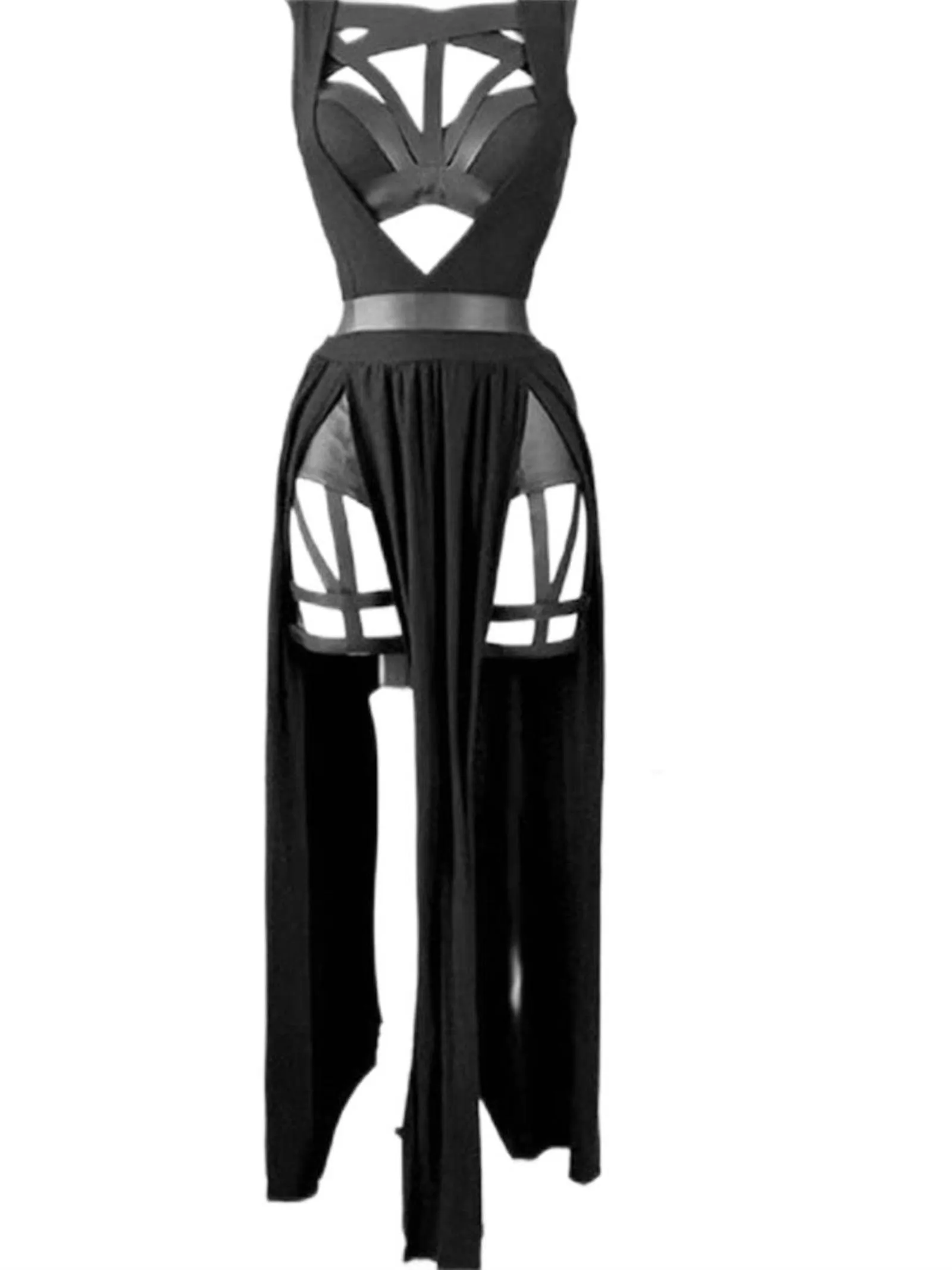 MENGQING Gonna estiva sexy da club gotico retrò set da donna senza maniche corsetto nero crop top benda mutande gonna divisa in rete 3 pezzi set-nero, L - immagine 3