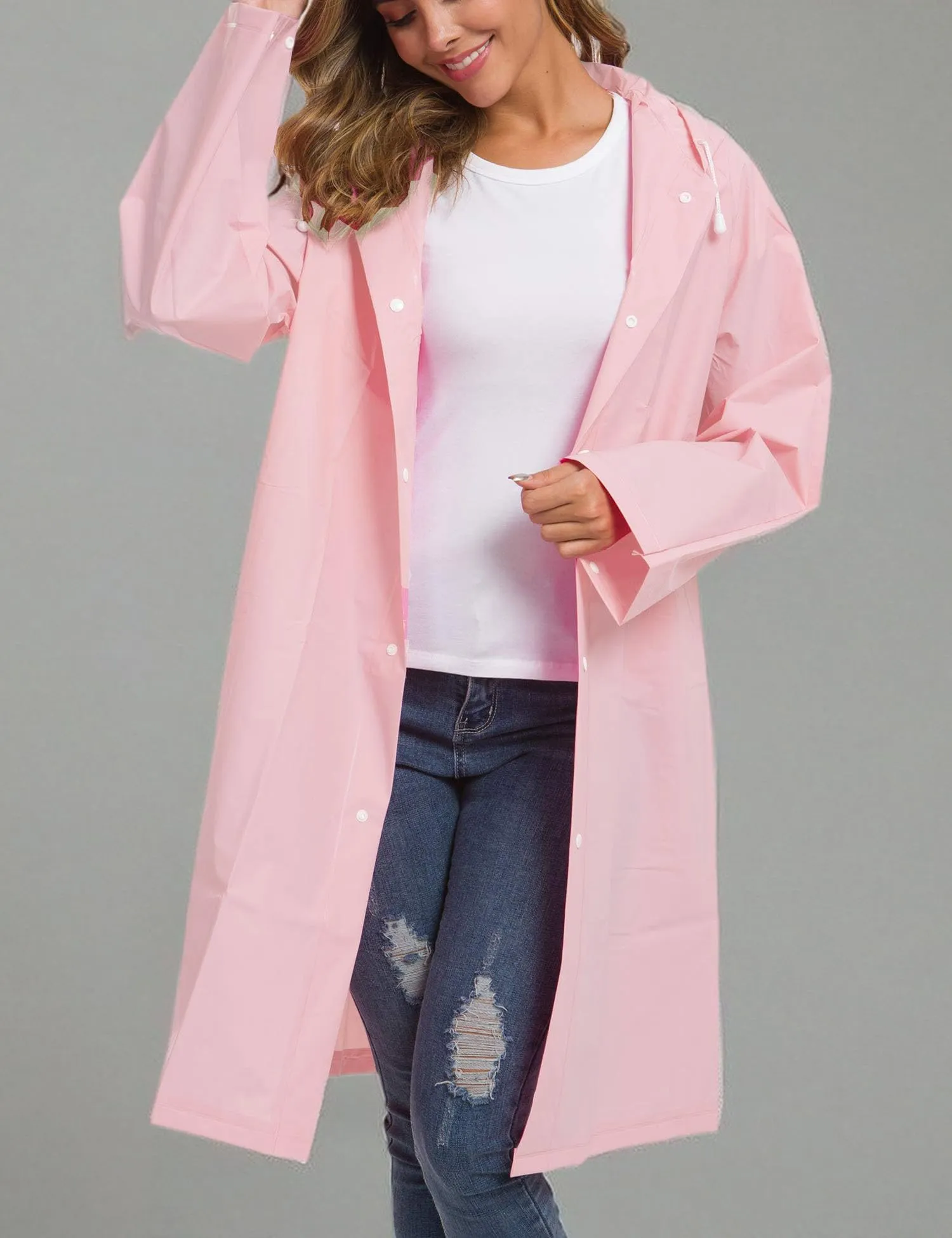 Besshopie EVA impermeabile impermeabile pioggia poncho riutilizzabile unisex uomo donna lungo chiaro pioggia usura rosa M - immagine 7