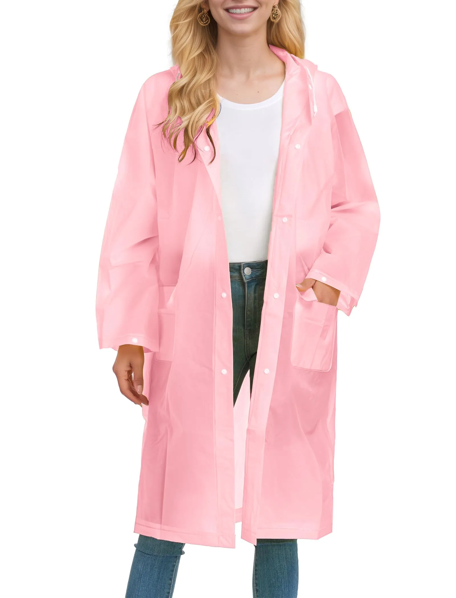 Besshopie EVA impermeabile impermeabile pioggia poncho riutilizzabile unisex uomo donna lungo chiaro pioggia usura rosa L - immagine 2