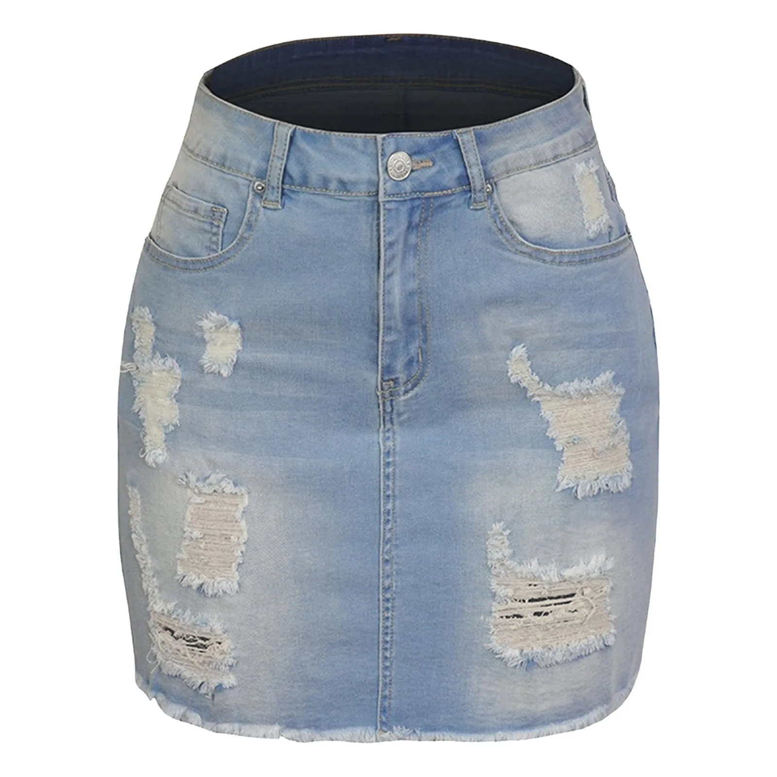 Duohropke Gonna da donna in denim, Y2K, a vita alta, linea ad A, minigonna sfilacciata, vintage, gonna estiva, Blu, L - immagine 4