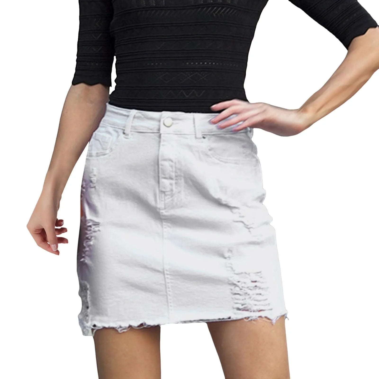 Duohropke Gonna da donna in denim, Y2K, a vita alta, linea ad A, minigonna sfilacciata, vintage, gonna estiva, bianco, S - immagine 1