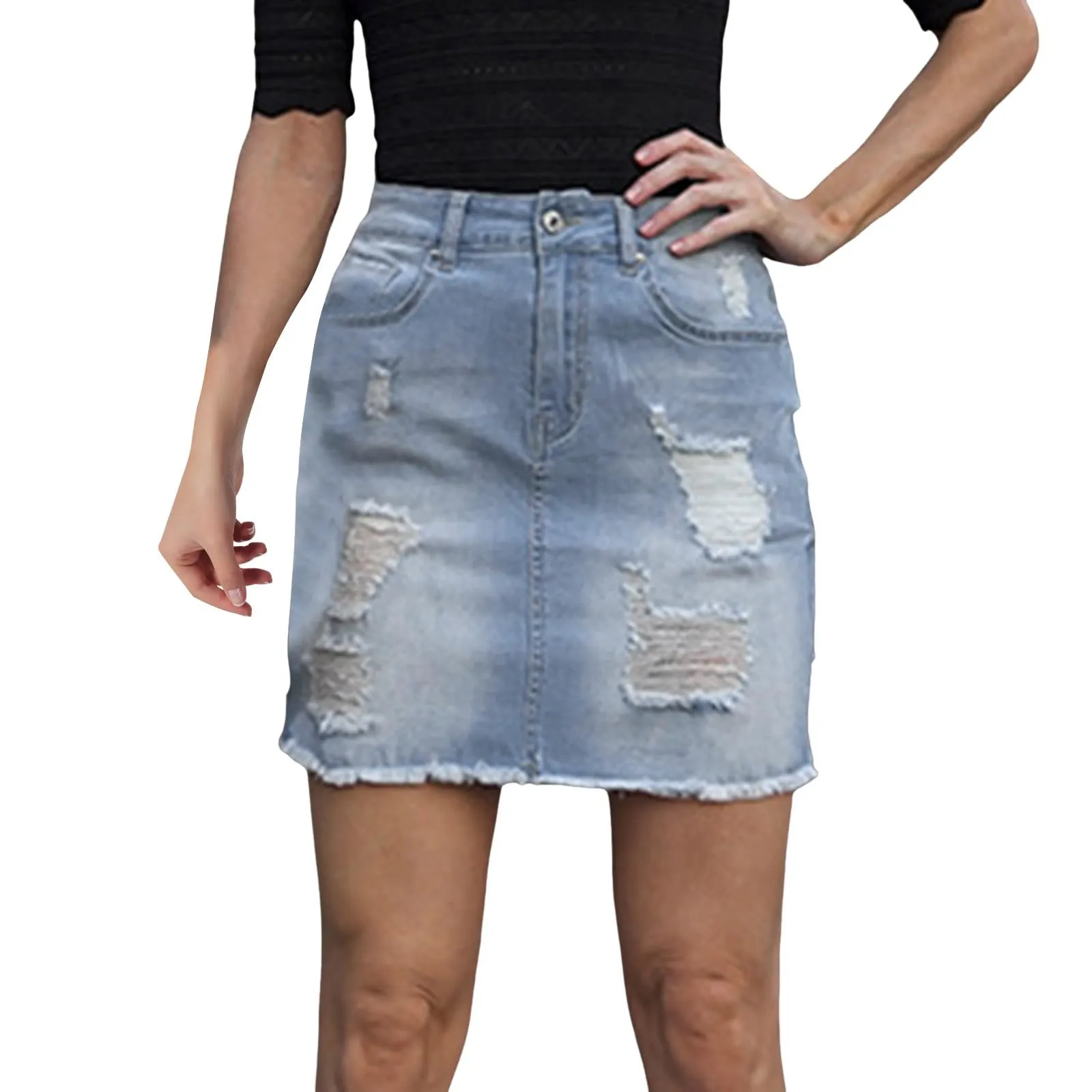 Duohropke Gonna da donna in denim, Y2K, a vita alta, linea ad A, minigonna sfilacciata, vintage, gonna estiva, Blu, M - immagine 1