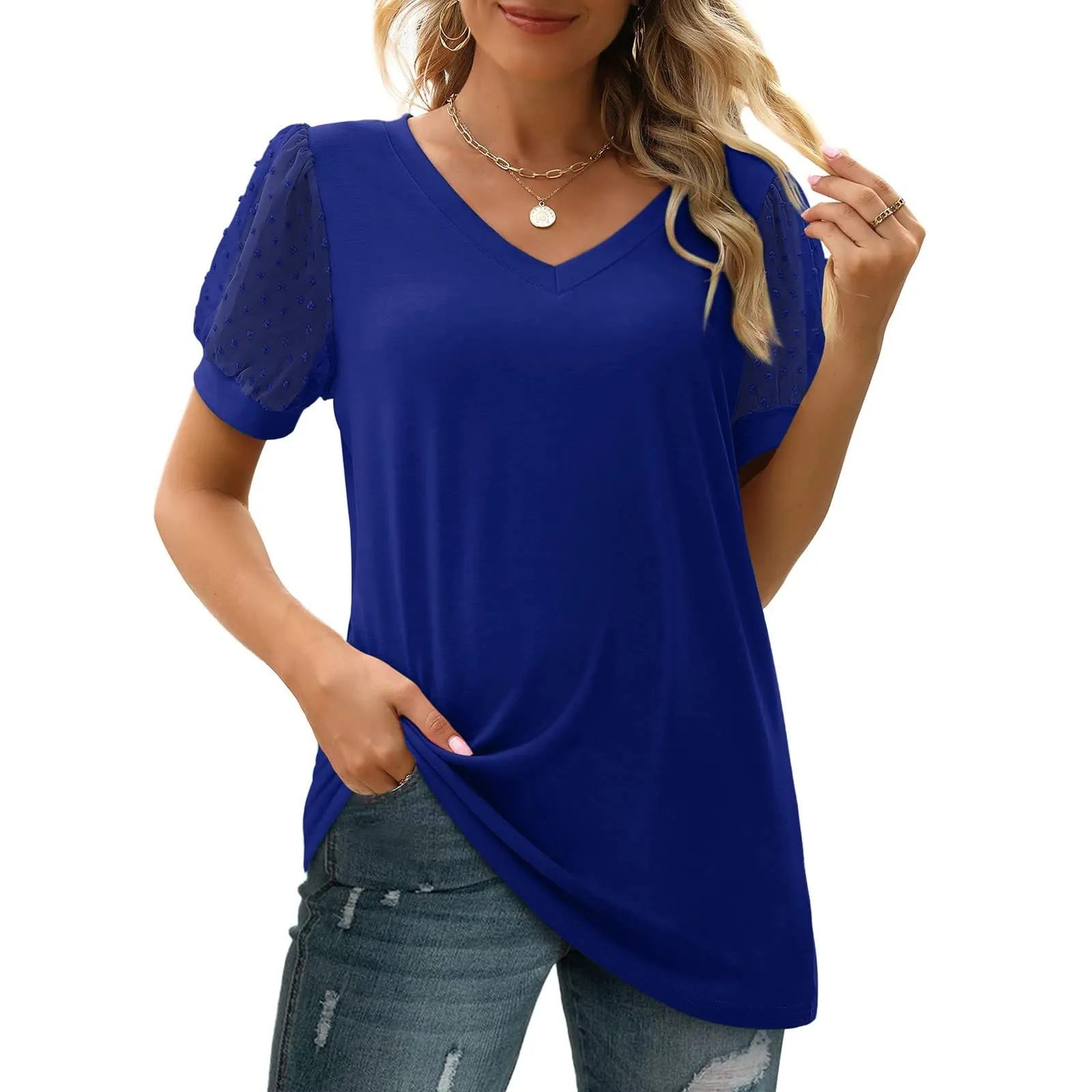 Uwdiohq Lightning Deals Today Top A Maniche Corte in Chiffon con Scollo A V in Tinta Unita Casual da Donna Giacca Estetista Sciolto Casual Todays Deals - immagine 5