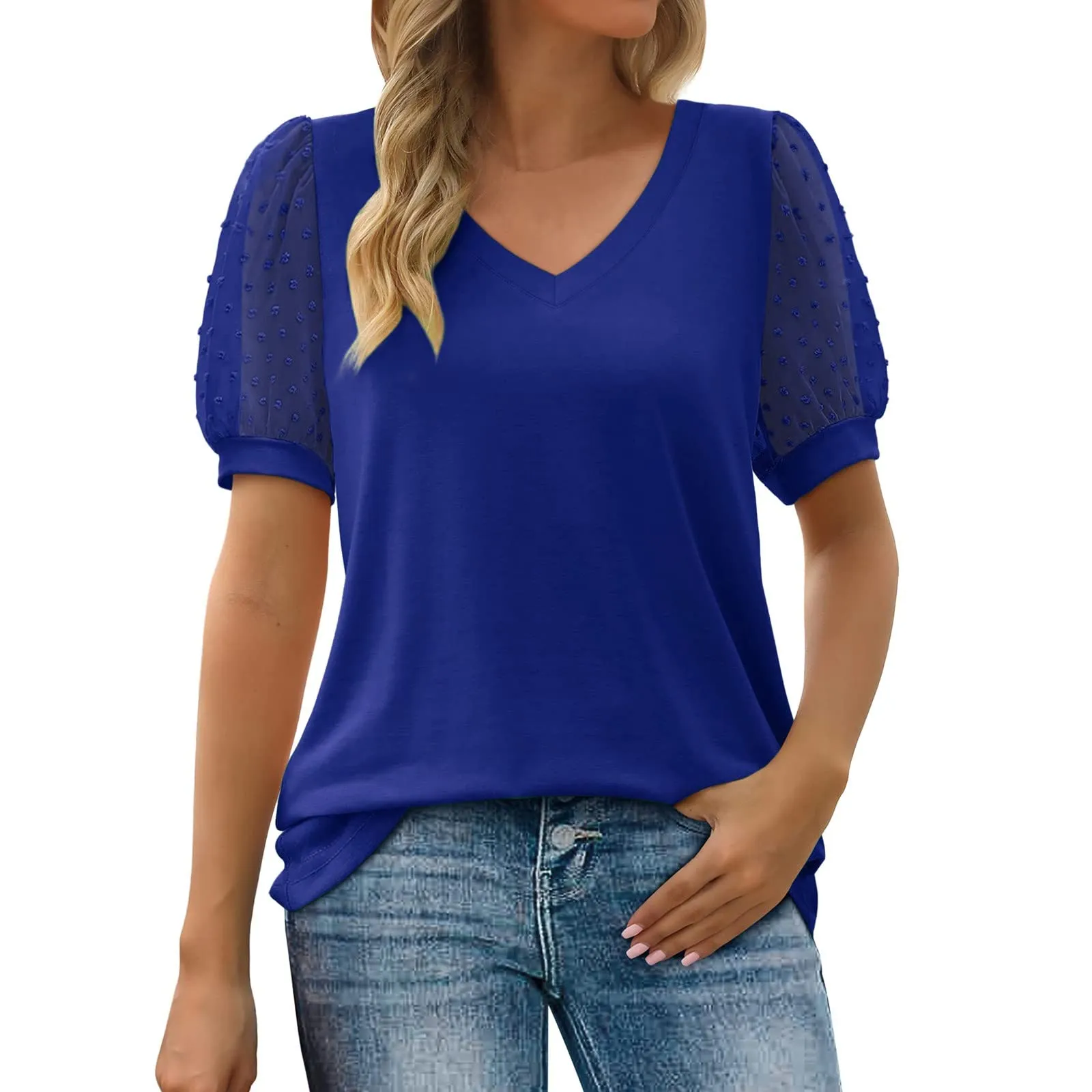 Uwdiohq Lightning Deals Top A Maniche Corte in Chiffon con Scollo A V in Tinta Unita Casual da Donna Giacca Estetista Sciolto Casual Tiktok Trend Items - immagine 1