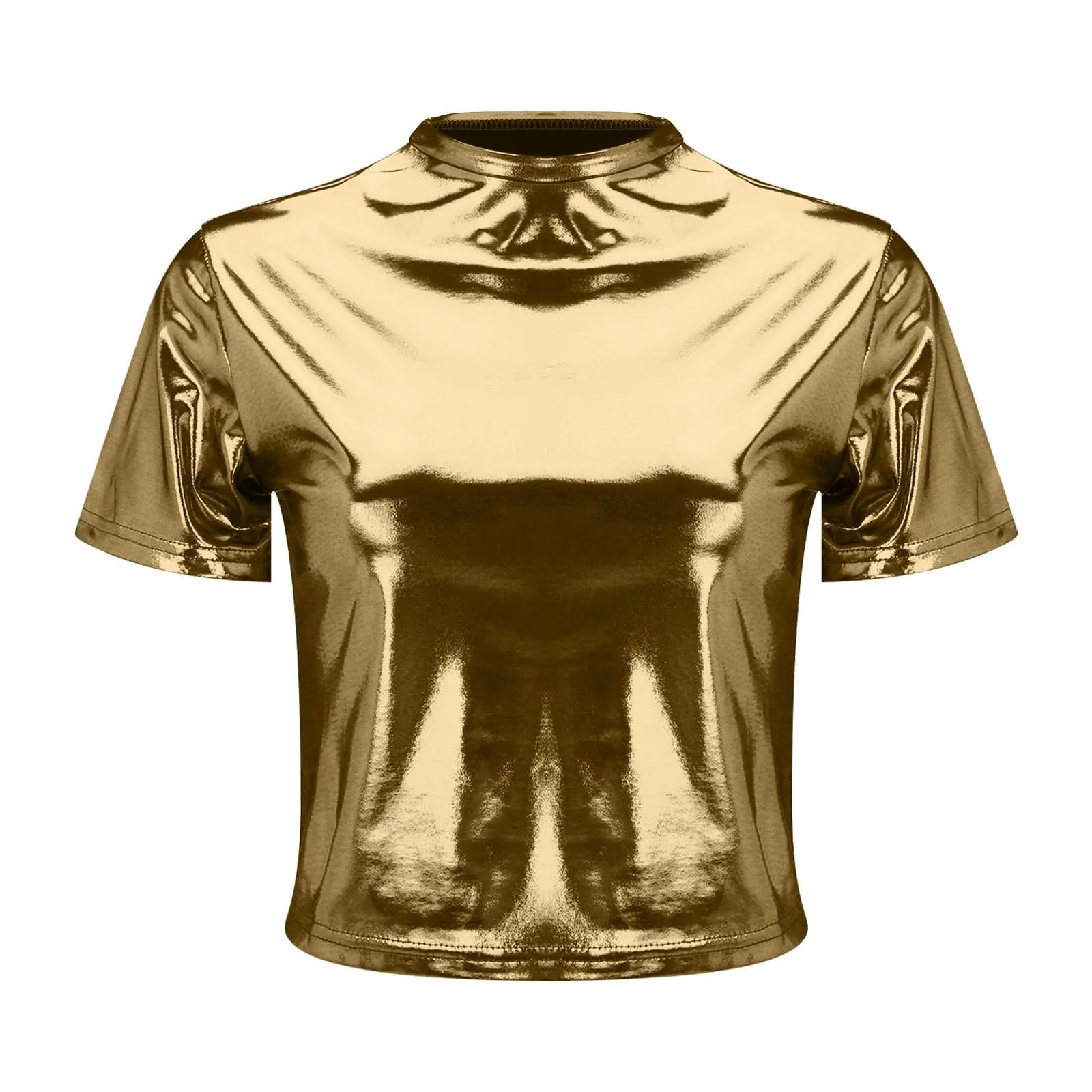 Uwdiohq Outlet Offerte Oggi T-Shirt da Donna a Maniche Corte con Scollo Tondo Metallizzato Lucido Riflettente Tinta Unita Maglie Termiche Estive Maglietta Gialla Maniche Corte T Miei Ordini Offerta - immagine 2