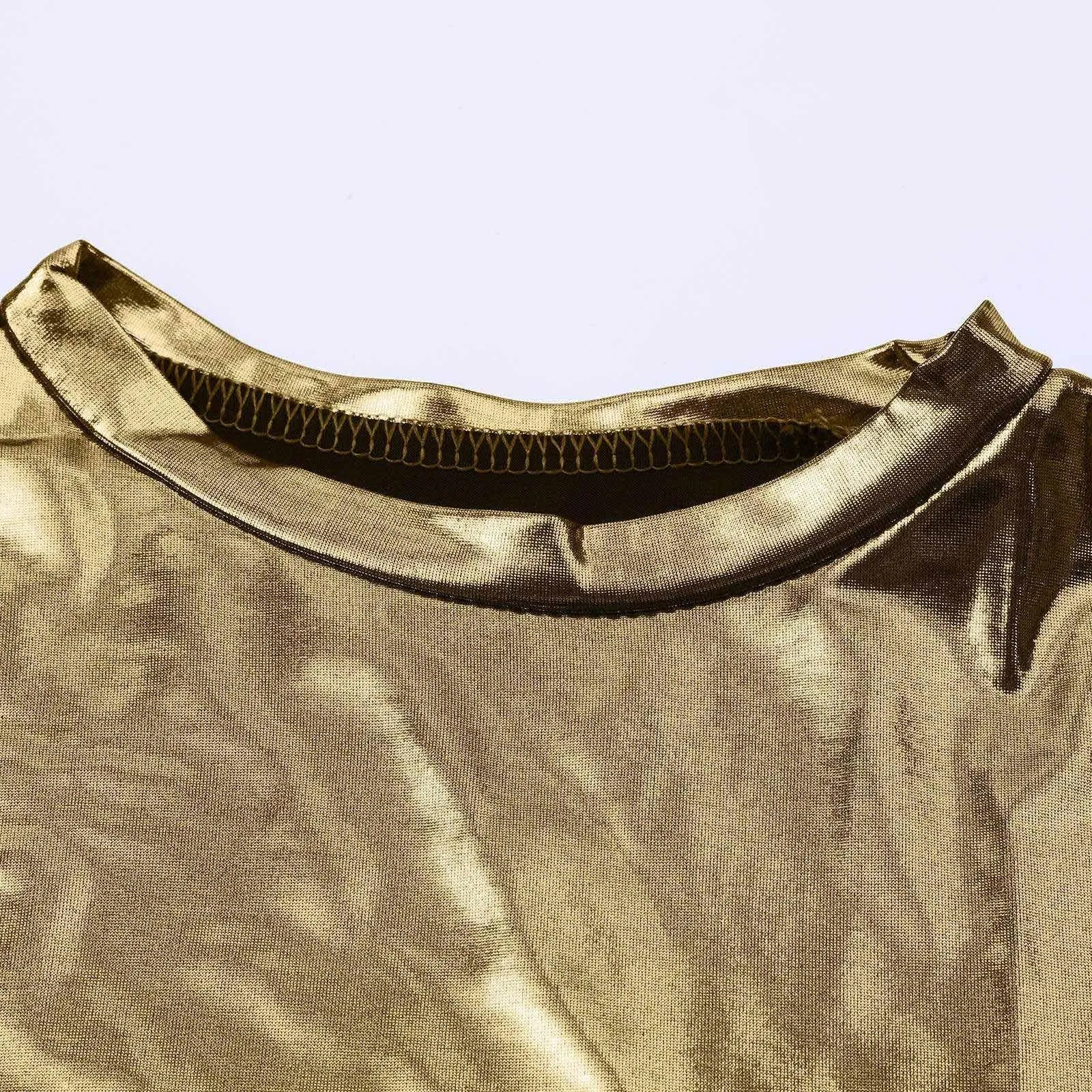 Uwdiohq Outlet Offerte Oggi T-Shirt da Donna a Maniche Corte con Scollo Tondo Metallizzato Lucido Riflettente Tinta Unita Maglie Termiche Estive Maglietta Gialla Maniche Corte T Miei Ordini Offerta - immagine 4