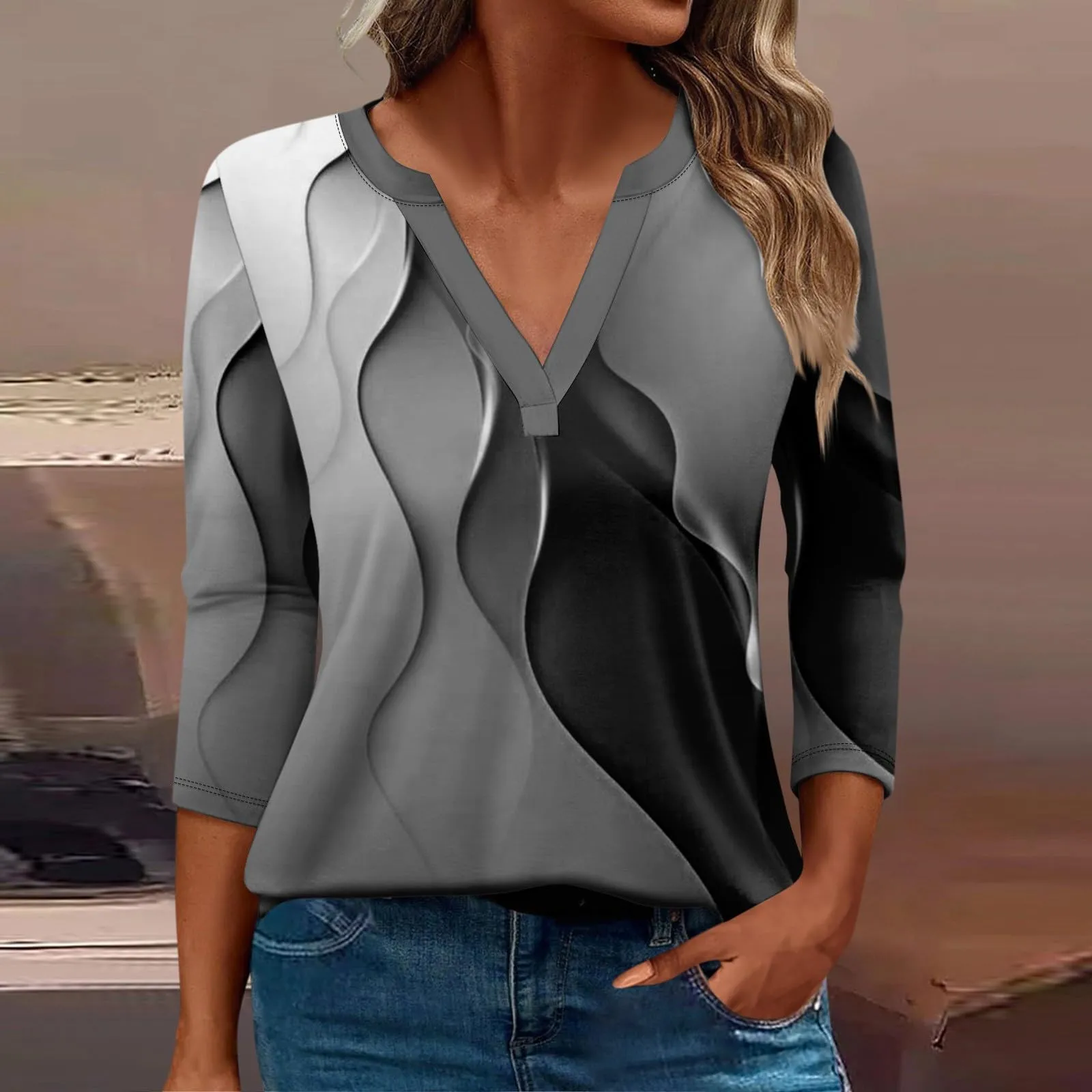SCBFDI Today 2024, Camicia 3/4 Donna Estiva Maglia da Donna con Maniche a 3/4 Maglie Donna Primavera Camicia Lino Donna Copricostume Camicetta Elegante Donna Top Donna Eleganti - immagine 2