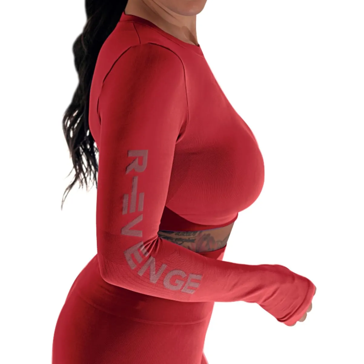 R-EVENGE Crop Top Q-Skin, Maglia Tecnica Donna a Manica Lunga per Tutte Le attività in Palestra e Outdoor (IT, Testo, L, XL, Regular, Regular, Rosso) - immagine 3