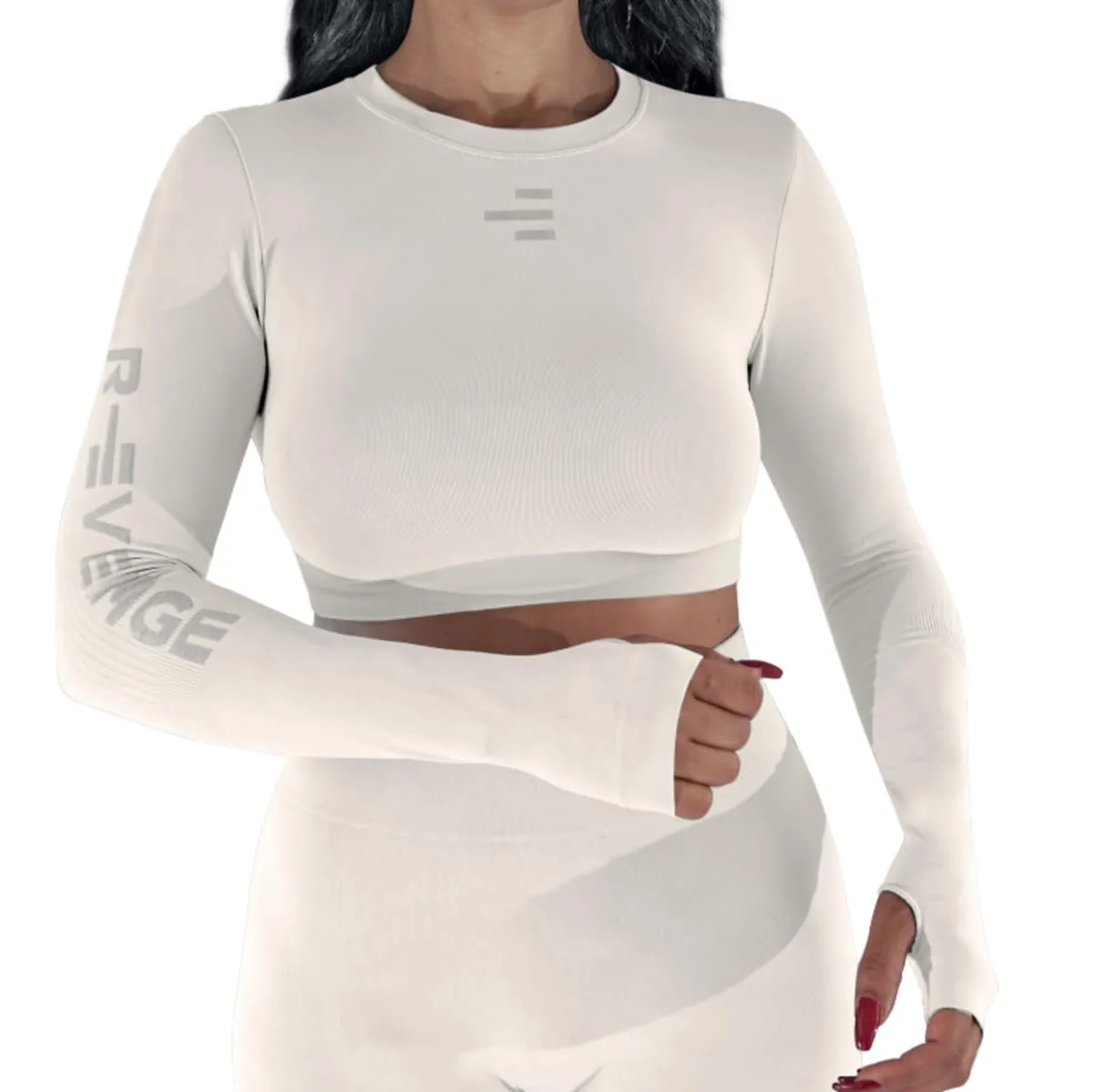 R-EVENGE Crop Top Q-Skin, Maglia Tecnica Donna a Manica Lunga per Tutte Le attività in Palestra e Outdoor (IT, Testo, L, XL, Regular, Regular, Bianco) - immagine 2