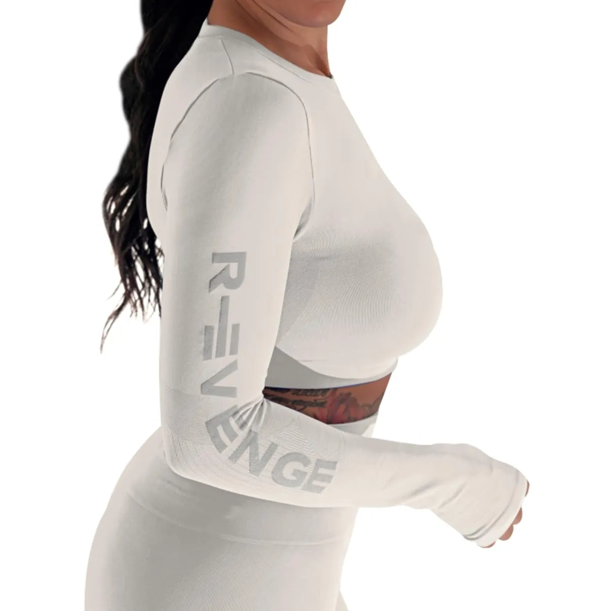 R-EVENGE Crop Top Q-Skin, Maglia Tecnica Donna a Manica Lunga per Tutte Le attività in Palestra e Outdoor (IT, Testo, L, XL, Regular, Regular, Bianco) - immagine 3