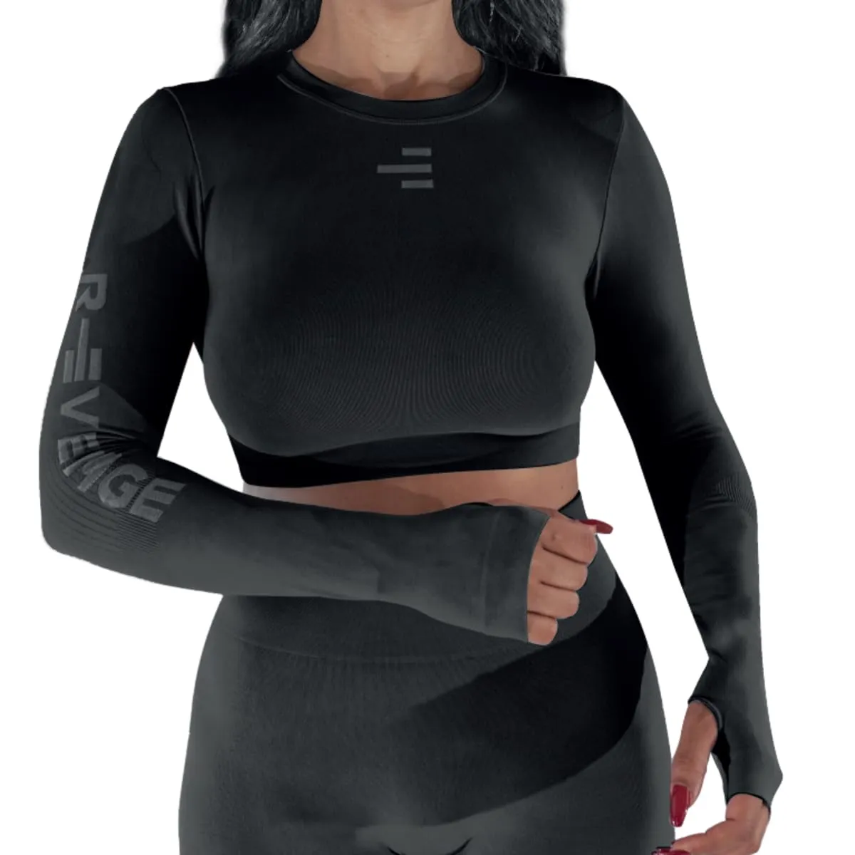 R-EVENGE Crop Top Q-Skin, Maglia Tecnica Donna a Manica Lunga per Tutte Le attività in Palestra e Outdoor (IT, Testo, L, XL, Regular, Regular, Nero) - immagine 1