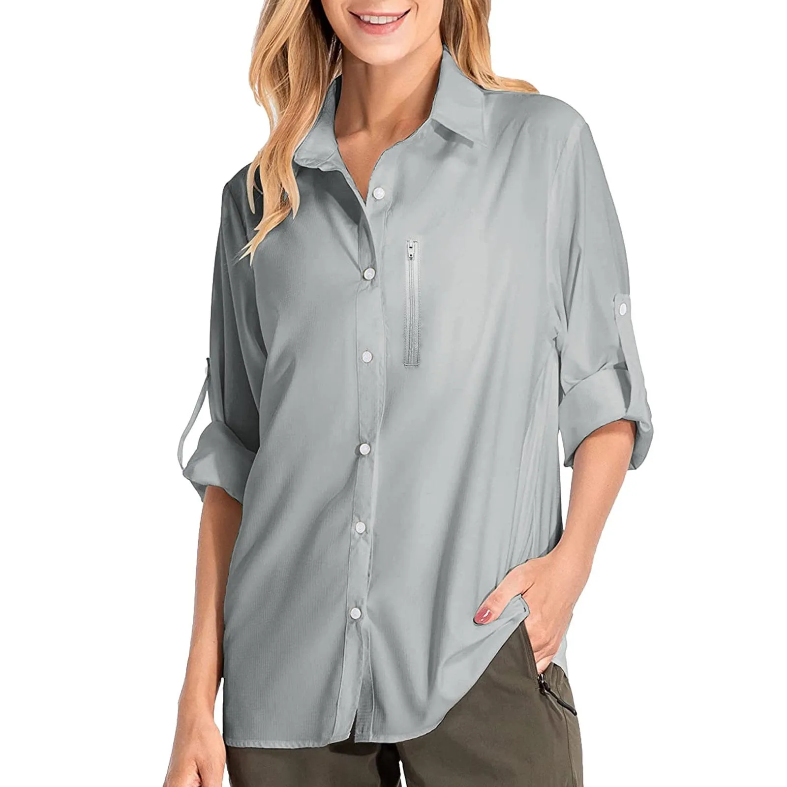 Camicie safari da donna UPF50+ protezione solare UV camicie da pesca ad asciugatura rapida leggera regolabile a maniche lunghe camicette da viaggio per donne escursionismo trekking campeggio camicie - immagine 1