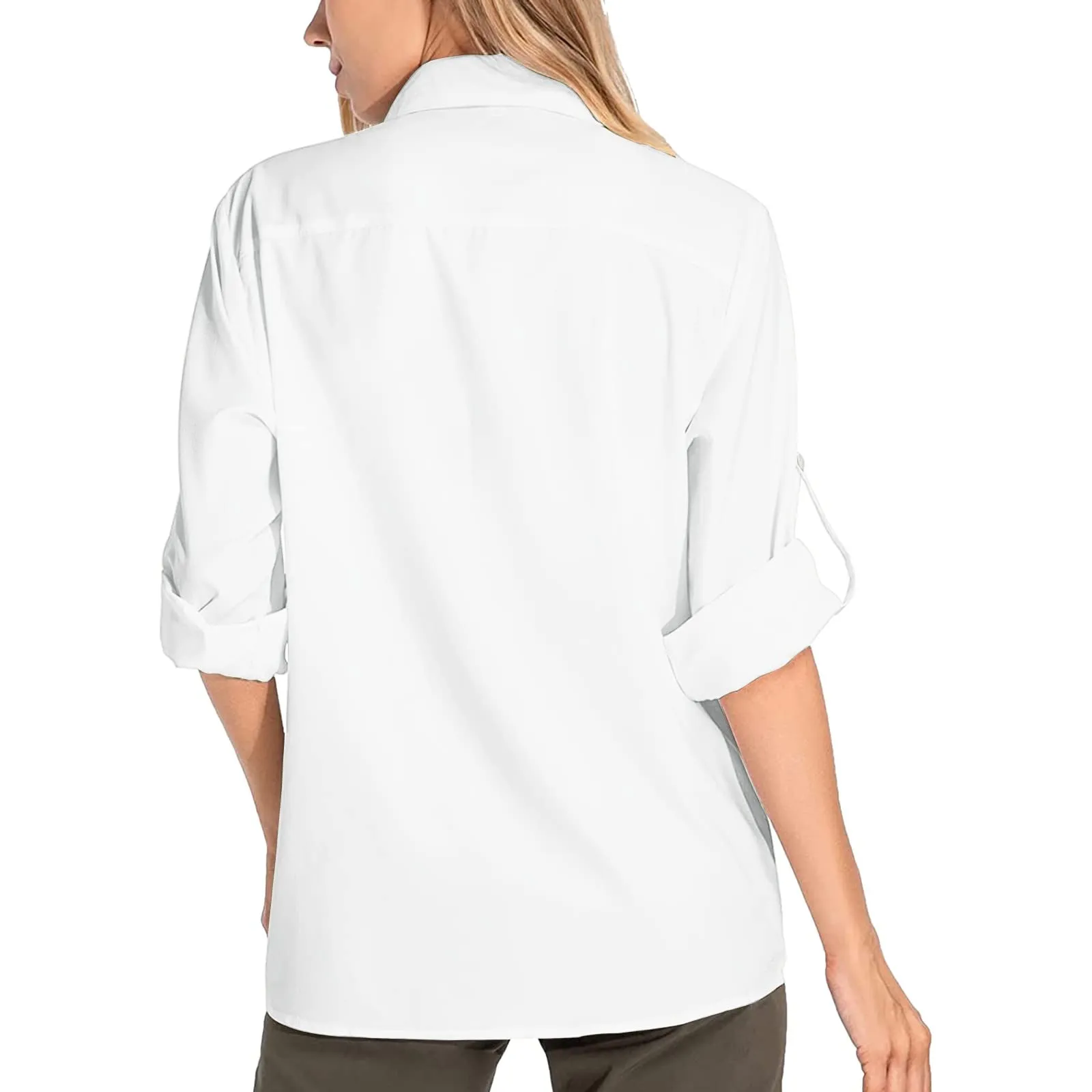 Camicie safari da donna UPF50+ protezione solare UV camicie da pesca ad asciugatura rapida leggera regolabile a maniche lunghe camicette da viaggio per donne escursionismo trekking campeggio camicie - immagine 2