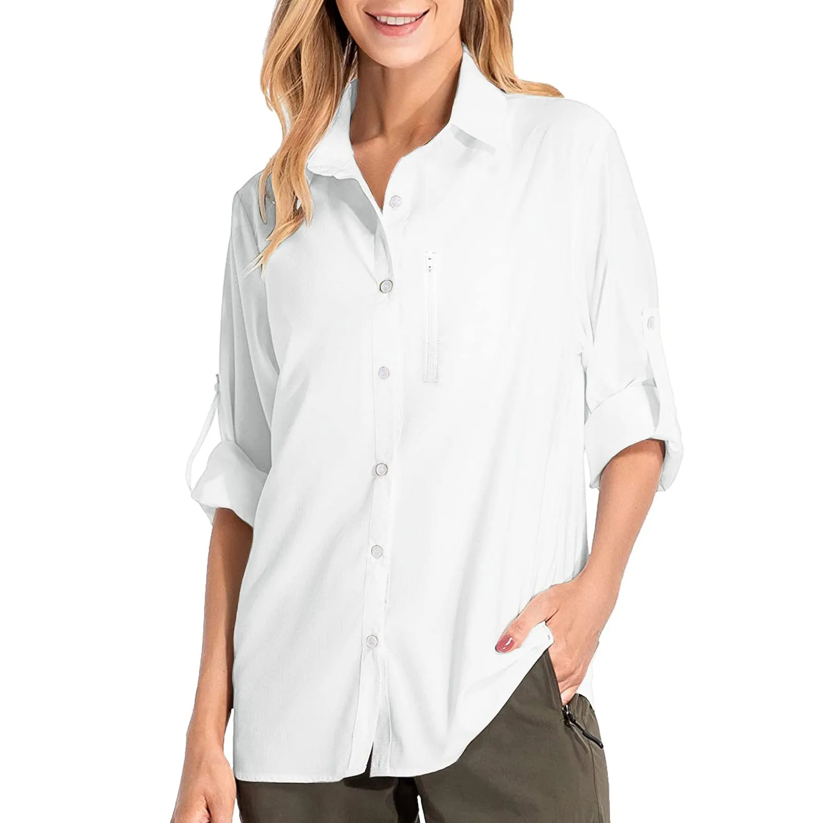 Camicie safari da donna UPF50+ protezione solare UV camicie da pesca ad asciugatura rapida leggera regolabile a maniche lunghe camicette da viaggio per donne escursionismo trekking campeggio camicie - immagine 1