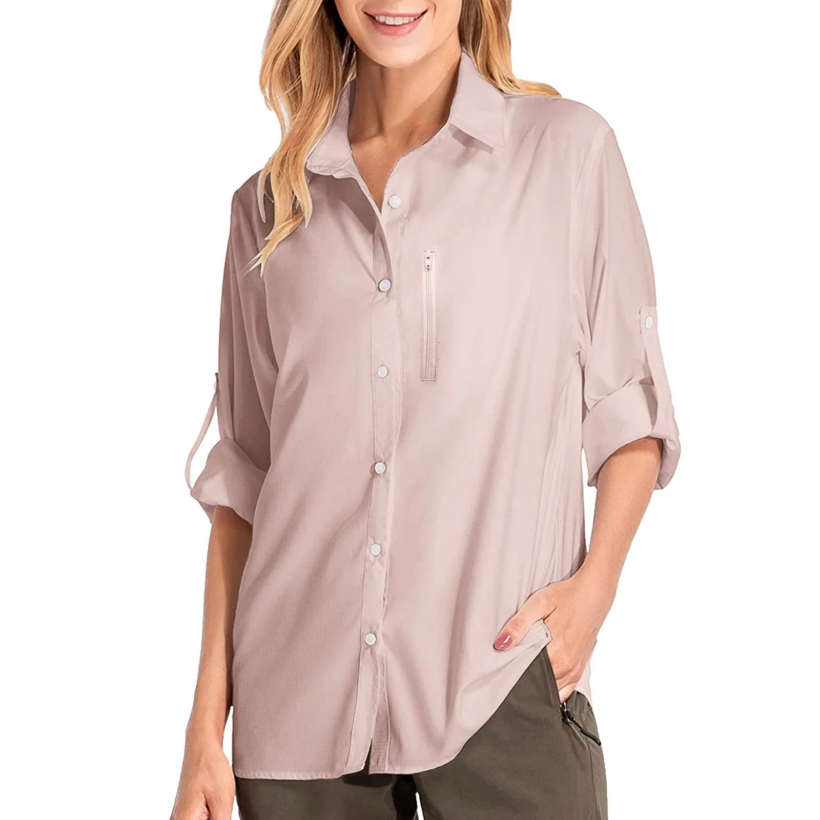 Camicie safari da donna UPF50+ protezione solare UV camicie da pesca ad asciugatura rapida leggera regolabile a maniche lunghe camicette da viaggio per donne escursionismo trekking campeggio camicie - immagine 3