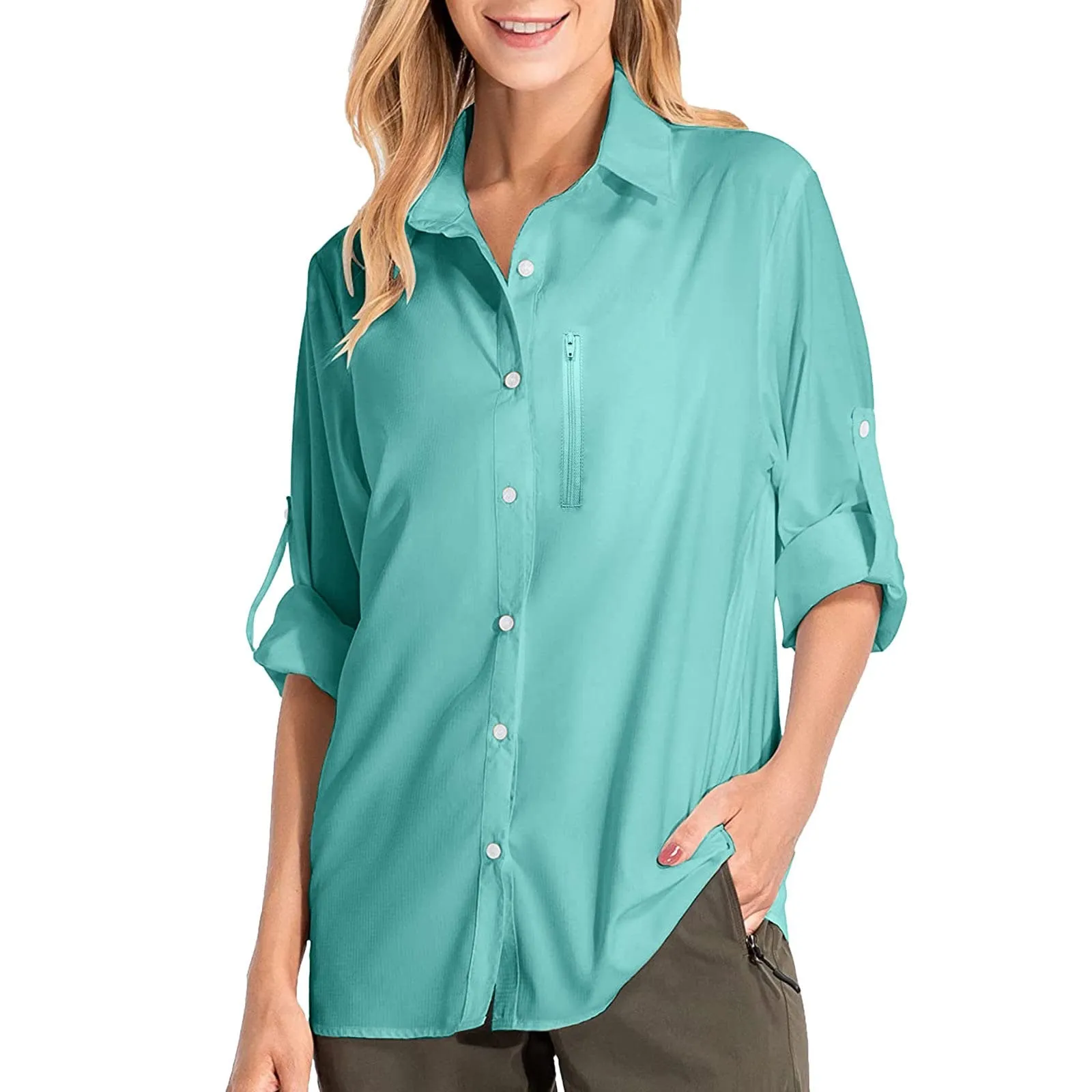 Camicie safari da donna UPF50+ protezione solare UV camicie da pesca ad asciugatura rapida leggera regolabile a maniche lunghe camicette da viaggio per donne escursionismo trekking campeggio camicie - immagine 1