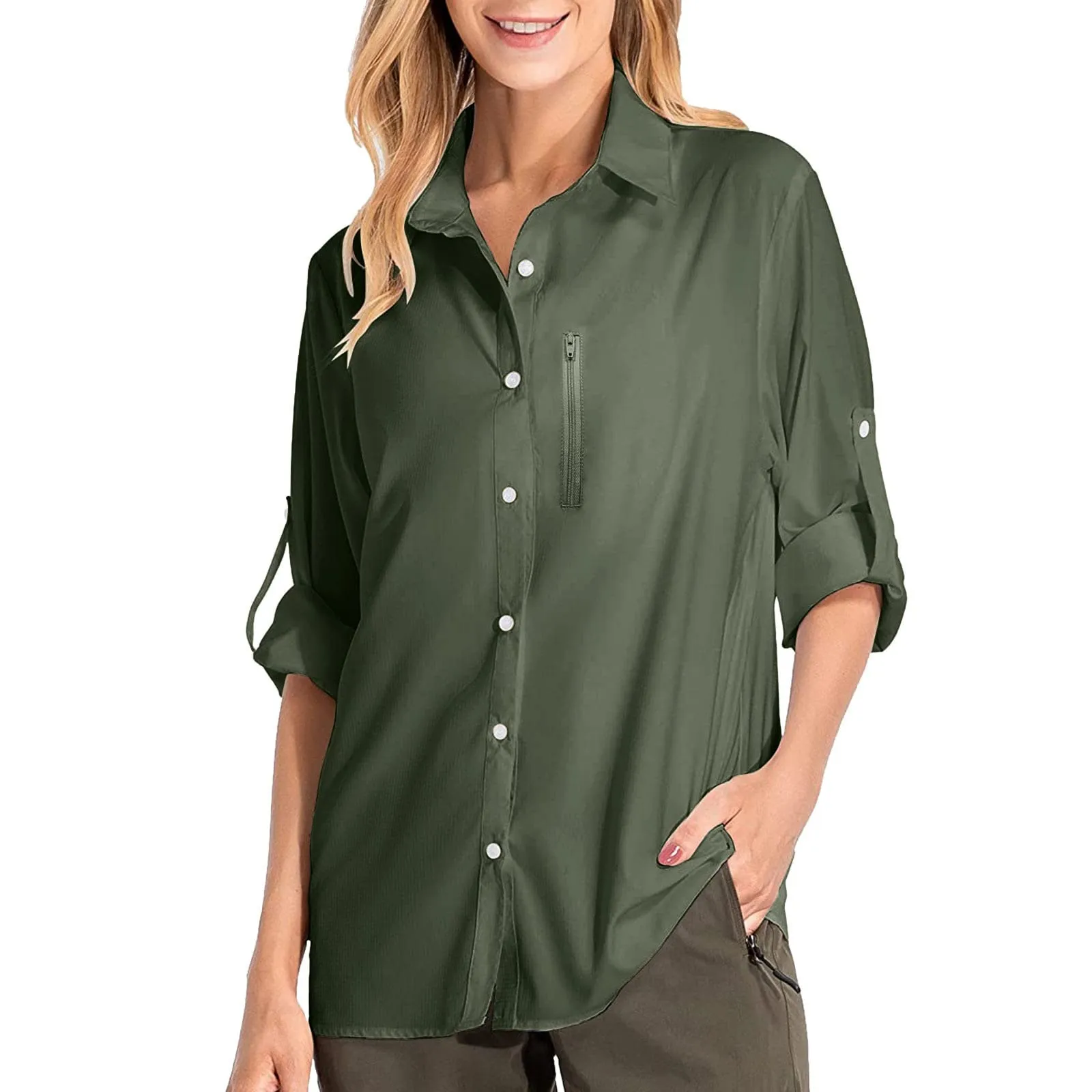 Camicie safari da donna UPF50+ protezione solare UV camicie da pesca ad asciugatura rapida leggera regolabile a maniche lunghe camicette da viaggio per donne escursionismo trekking campeggio camicie - immagine 1