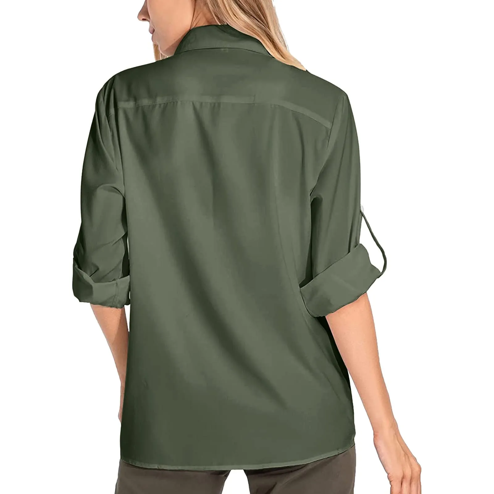 Camicie safari da donna UPF50+ protezione solare UV camicie da pesca ad asciugatura rapida leggera regolabile a maniche lunghe camicette da viaggio per donne escursionismo trekking campeggio camicie - immagine 2