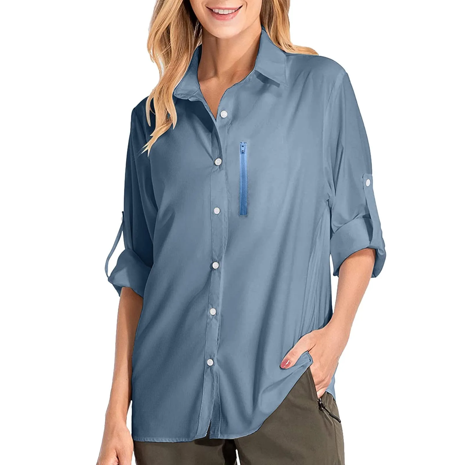 Camicie safari da donna UPF50+ protezione solare UV camicie da pesca ad asciugatura rapida leggera regolabile a maniche lunghe camicette da viaggio per donne escursionismo trekking campeggio camicie - immagine 3