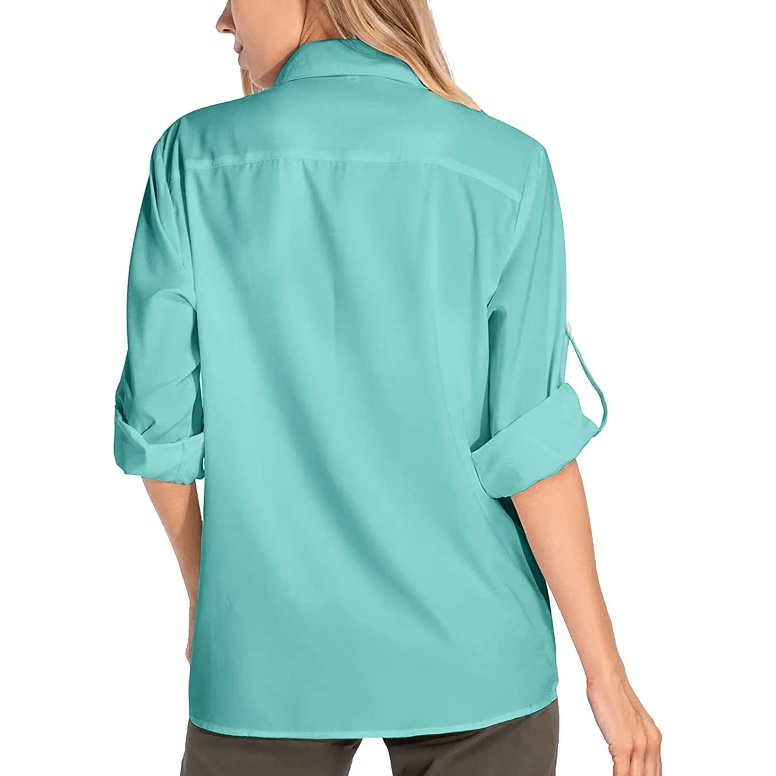 Camicie safari da donna UPF50+ protezione solare UV camicie da pesca ad asciugatura rapida leggera regolabile a maniche lunghe camicette da viaggio per donne escursionismo trekking campeggio camicie - immagine 2