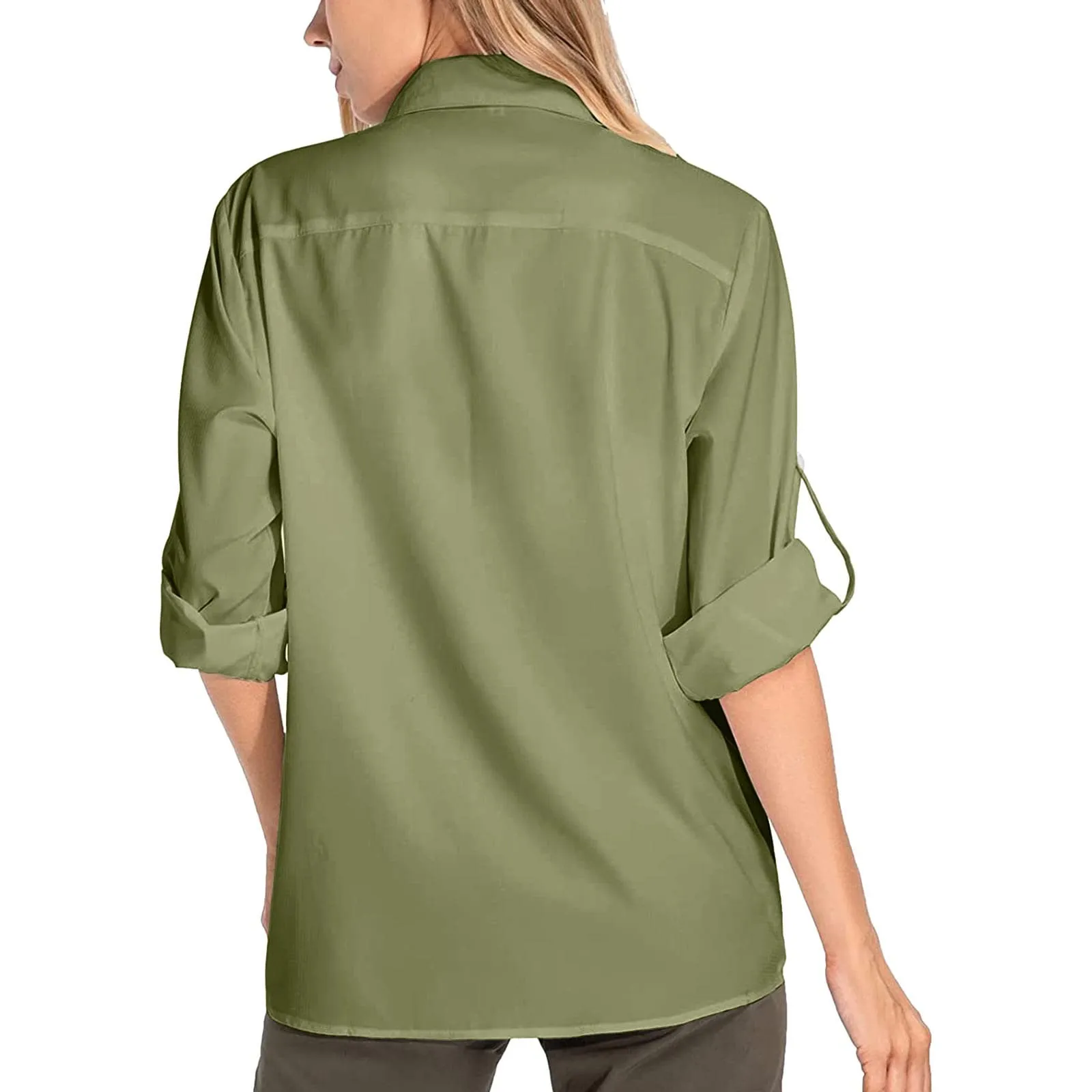 Camicie safari da donna UPF50+ protezione solare UV camicie da pesca ad asciugatura rapida leggera regolabile a maniche lunghe camicette da viaggio per donne escursionismo trekking campeggio camicie - immagine 2