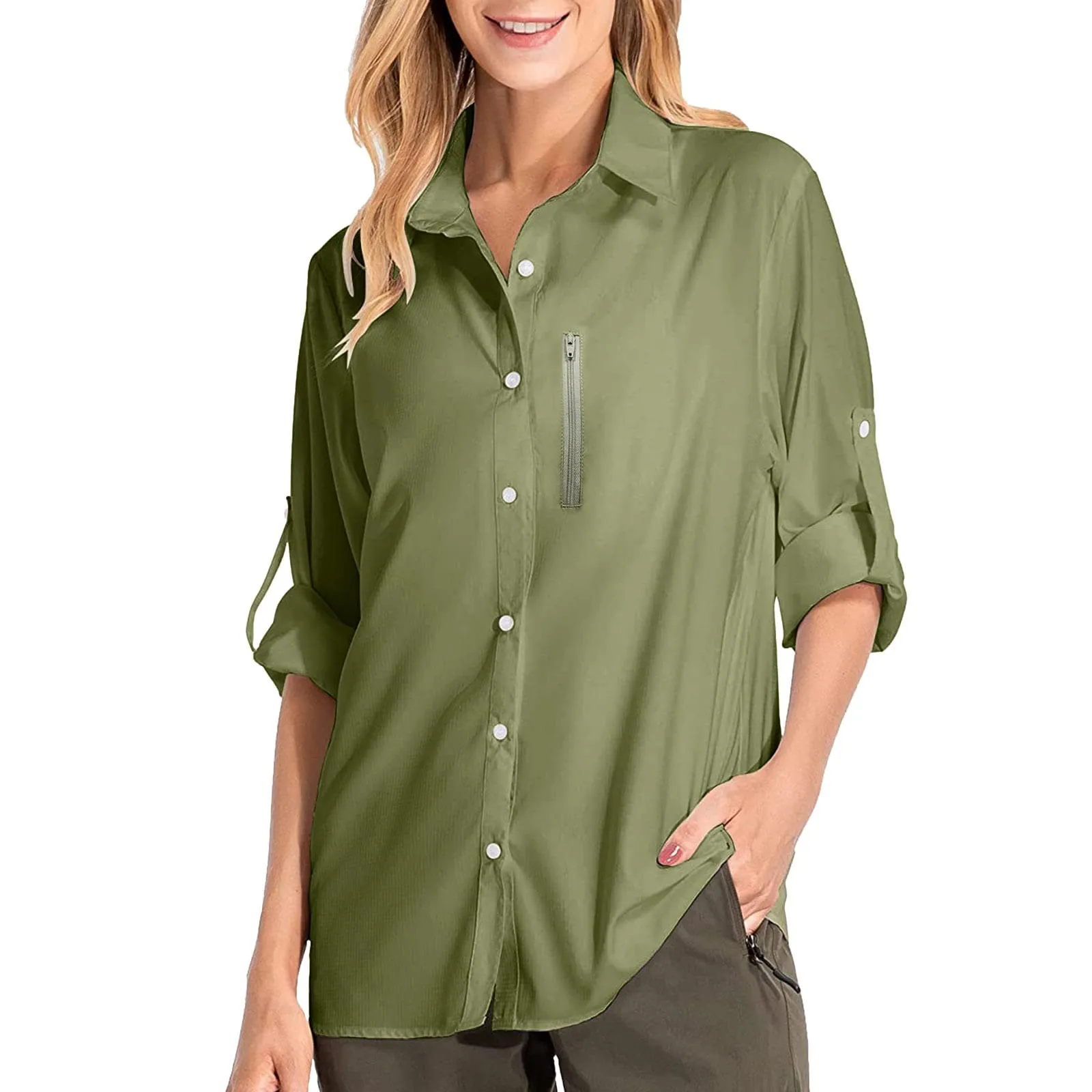 Camicie safari da donna UPF50+ protezione solare UV camicie da pesca ad asciugatura rapida leggera regolabile a maniche lunghe camicette da viaggio per donne escursionismo trekking campeggio camicie - immagine 3