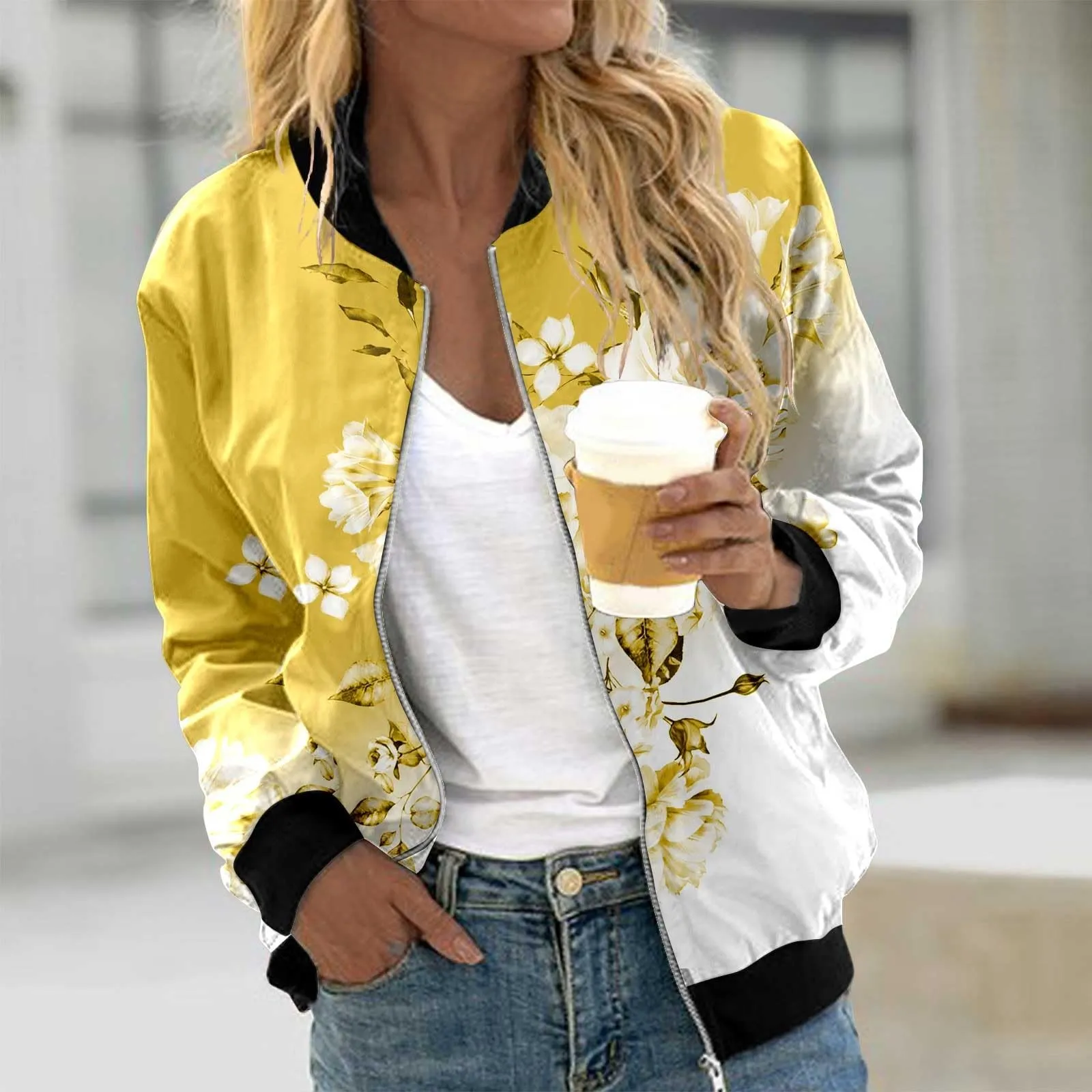 Generico Bomber Donna Estivo,Giacca Donna Elegante,Floreale Bomber a Manica Lunga con Cerniera Stand Up Collar Outwear Cappotto Corto Primavera Giacca Estiva Giacca per Il Tempo Libero Giacchetto - immagine 2