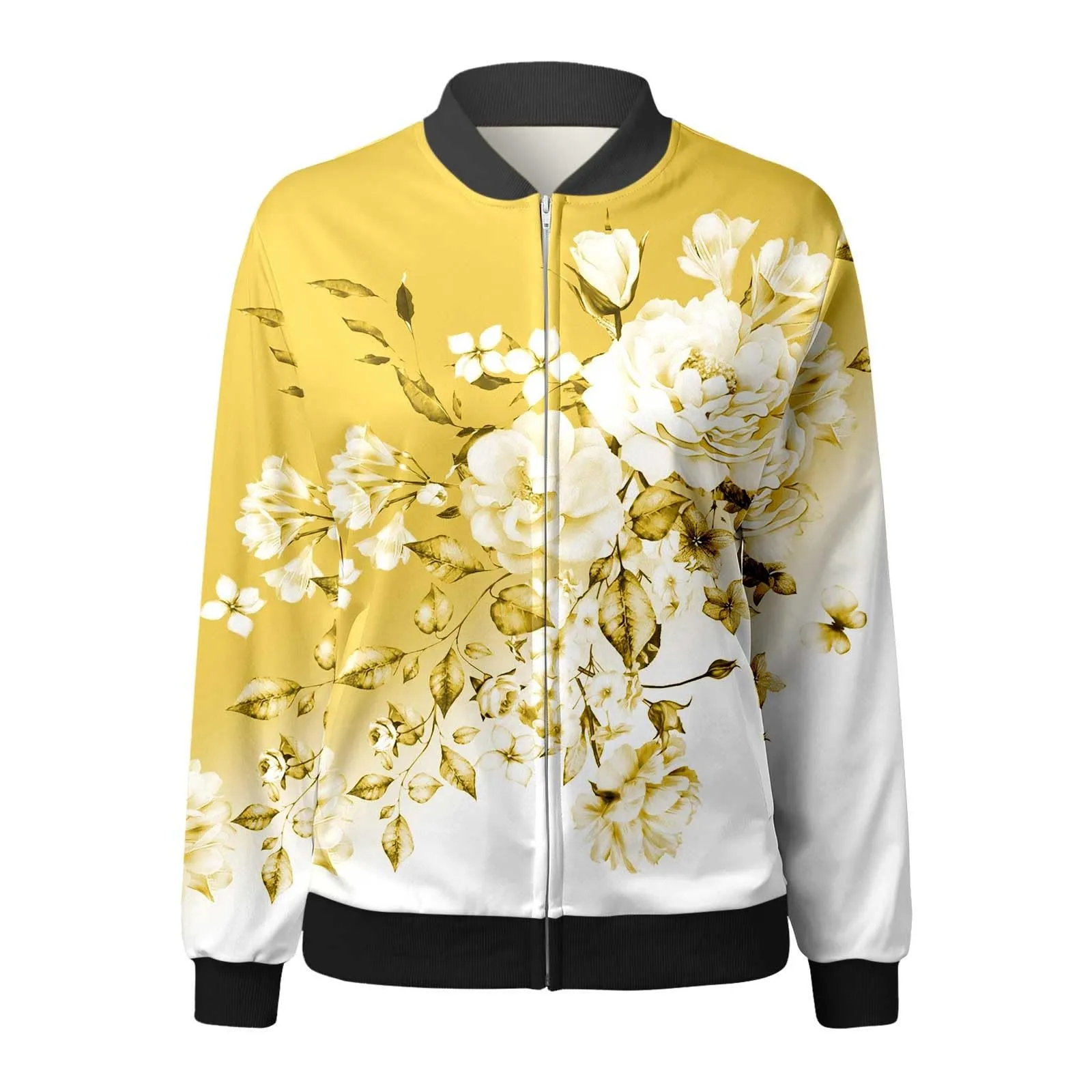 Generico Bomber Donna Estivo,Giacca Donna Elegante,Floreale Bomber a Manica Lunga con Cerniera Stand Up Collar Outwear Cappotto Corto Primavera Giacca Estiva Giacca per Il Tempo Libero Giacchetto - immagine 4