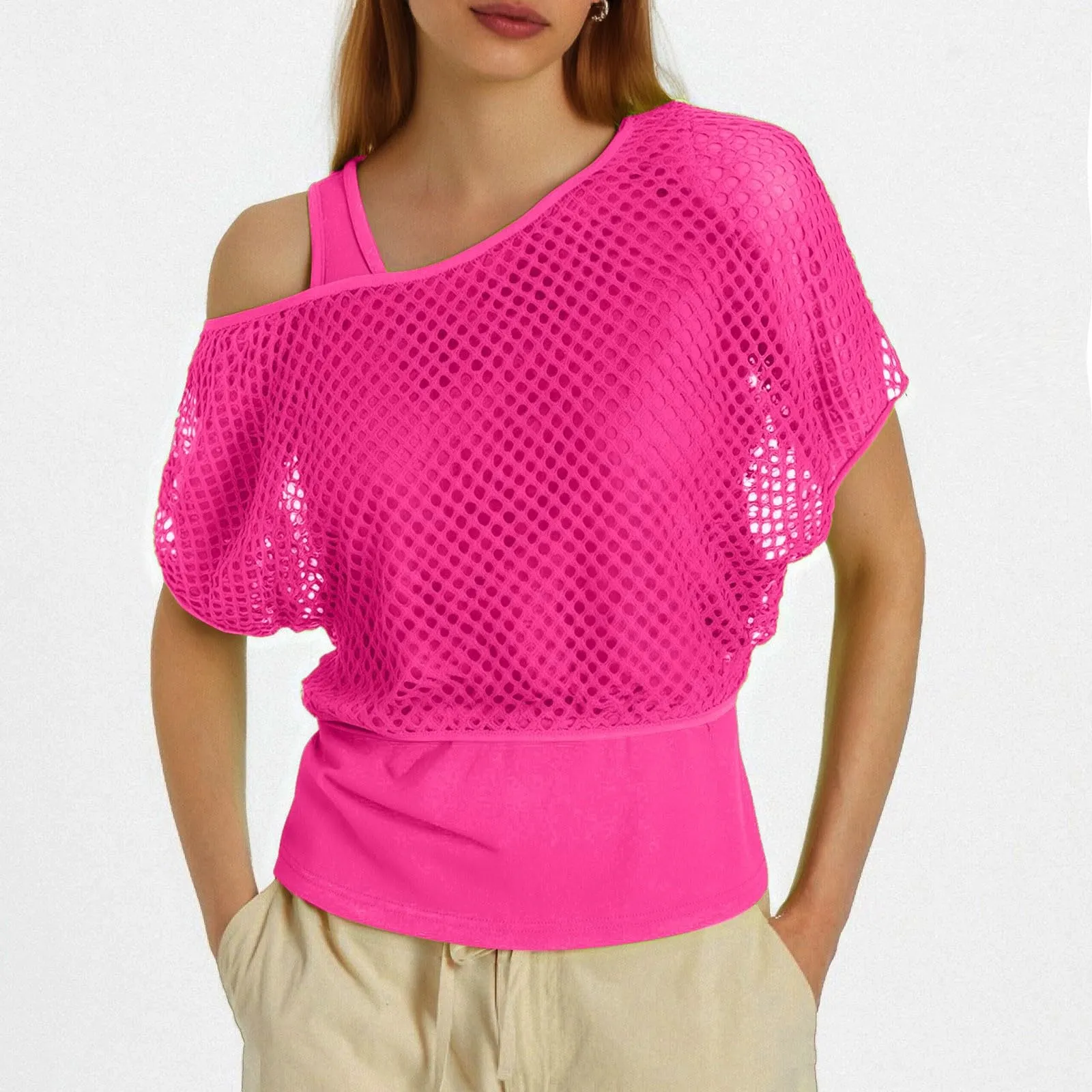 Vhersily Top Da Donna, A Maniche Corte Girocollo Camicie Per Feste E Balli Scolastici Camicette Senza Spalline Rete Da Pesca Plus Gilet Maglietta Vestibilità Ampia Per Abbigliamento, Traspirante - immagine 2