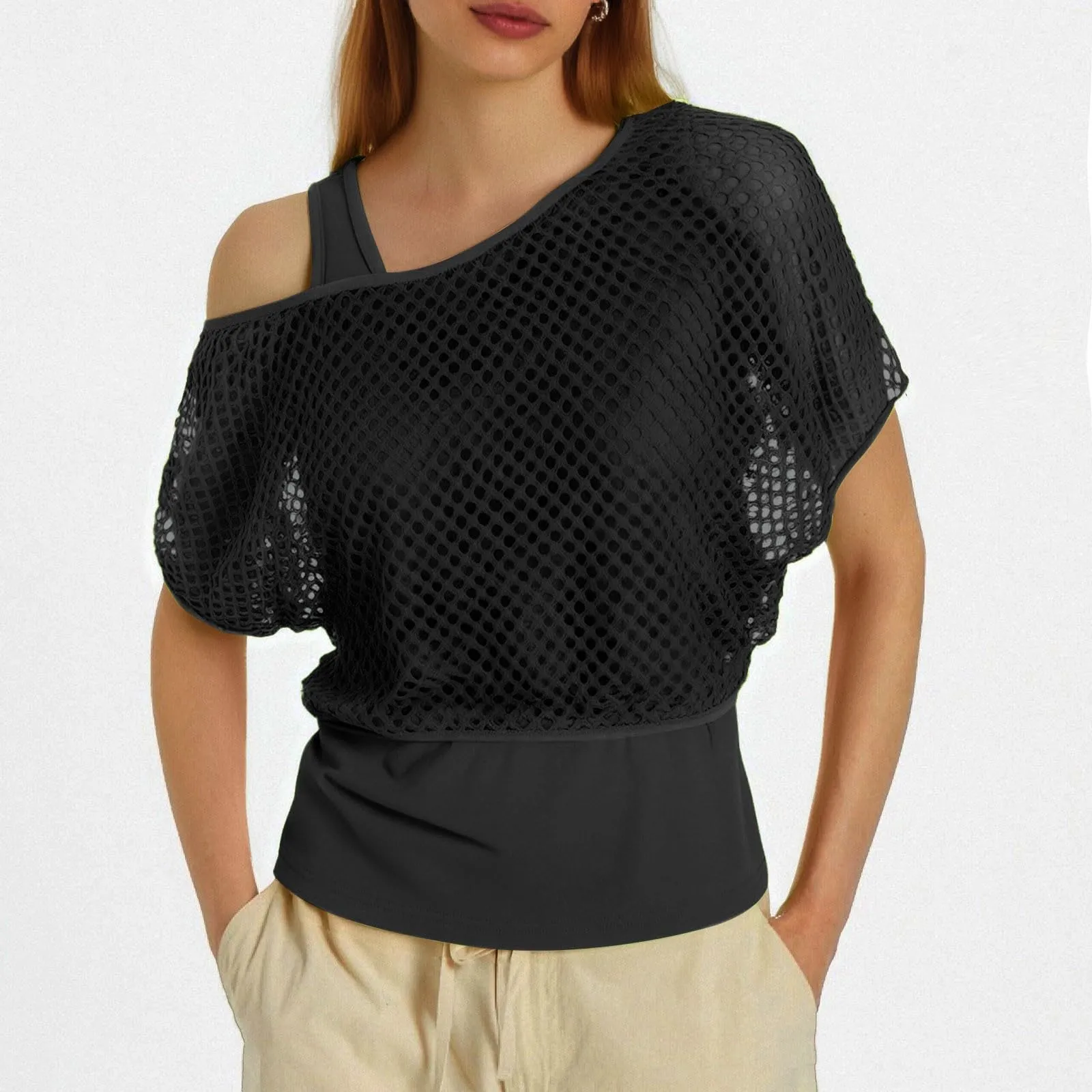 Vhersily Top Da Donna, A Maniche Corte Girocollo Camicie Per Feste E Balli Scolastici Camicette Senza Spalline Rete Da Pesca Plus Gilet Maglietta Vestibilità Ampia Per Abbigliamento, Traspirante - immagine 2