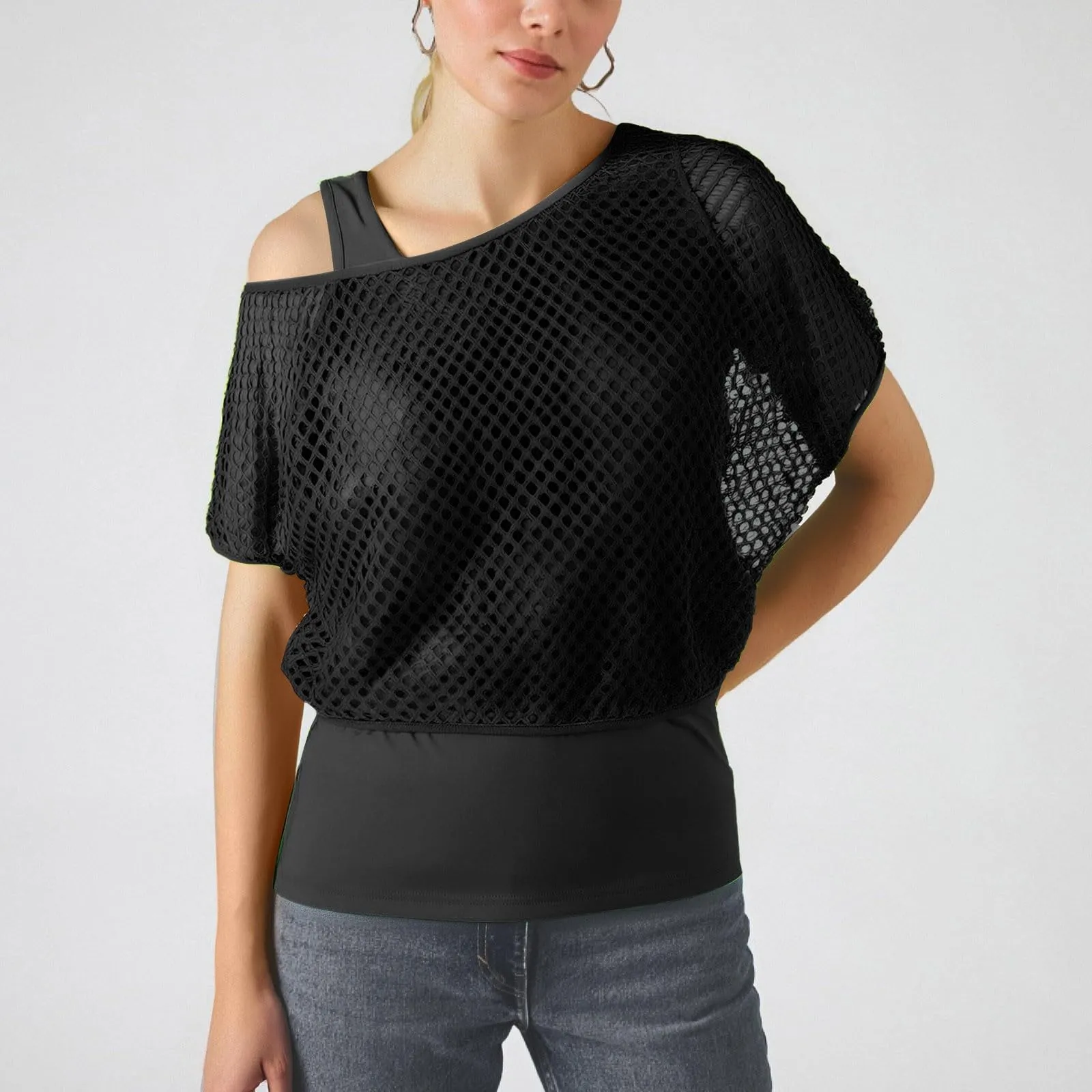 Vhersily Top Da Donna, A Maniche Corte Girocollo Camicie Per Feste E Balli Scolastici Camicette Senza Spalline Rete Da Pesca Plus Gilet Maglietta Vestibilità Ampia Per Abbigliamento, Traspirante - immagine 8